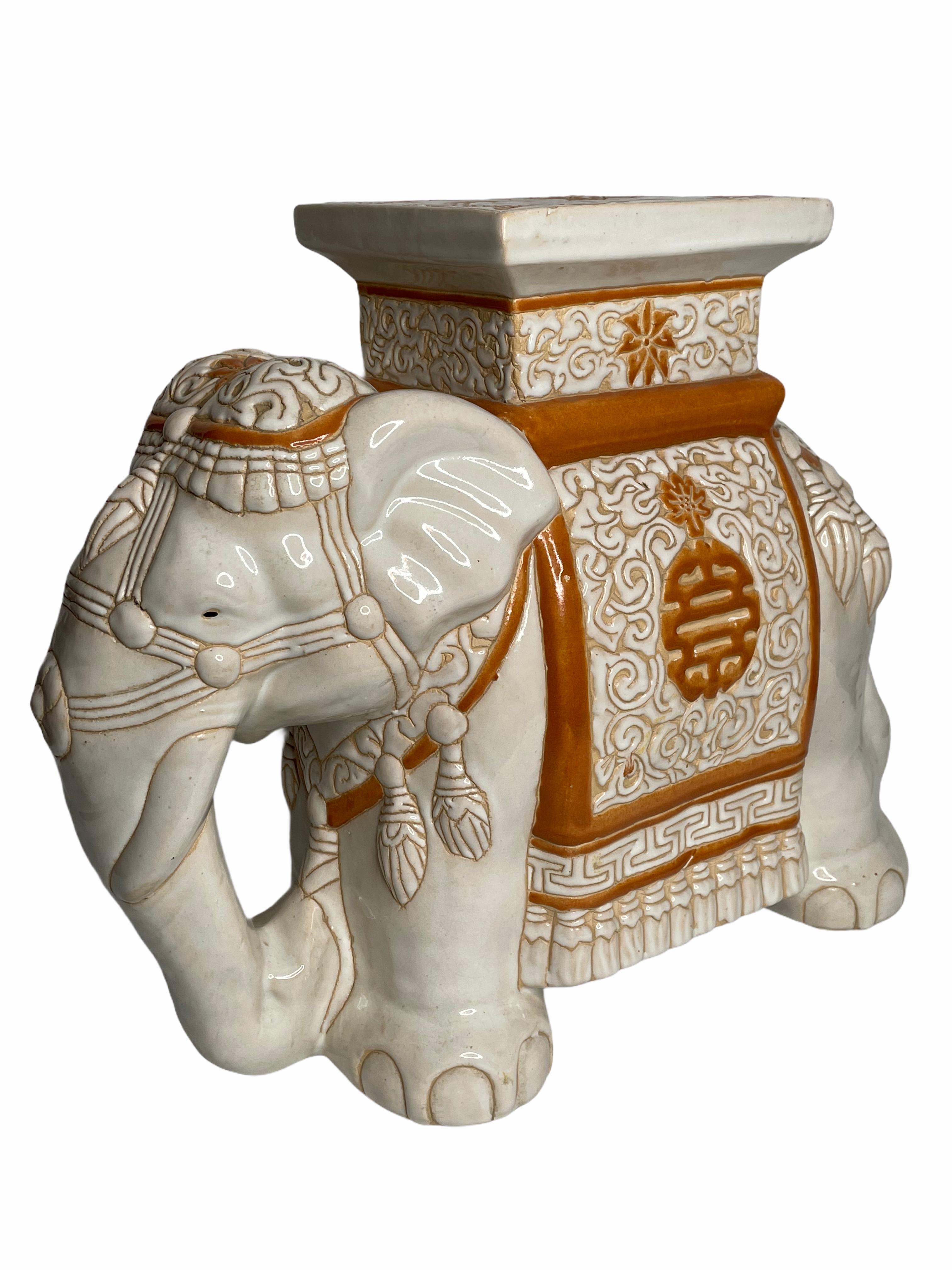 Ceramic Hollywood Regency Chinese Ivory Colored Elephant Garden Plant Stand or Seat