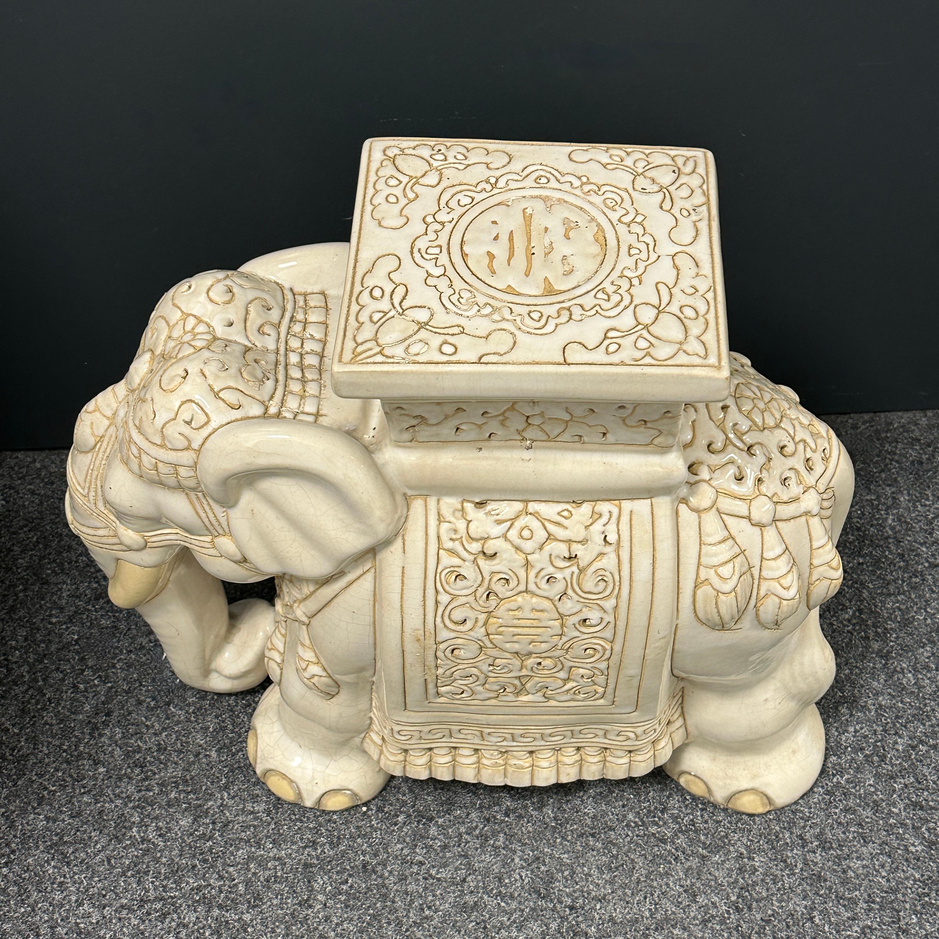 Ceramic Hollywood Regency Chinese Ivory Colored Elephant Garden Plant Stand or Seat