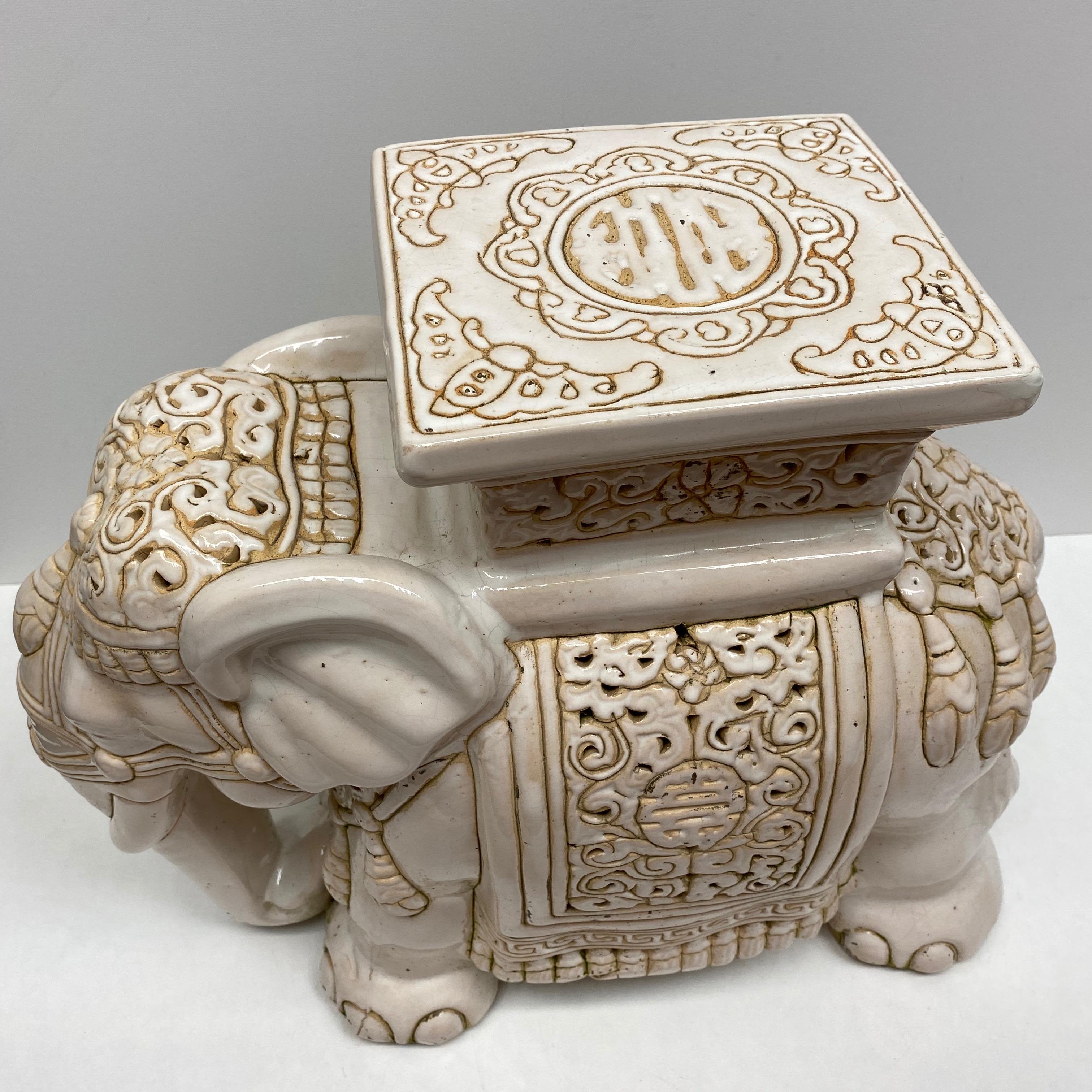 Mid-20th Century Hollywood Regency Chinese Ivory Colored Elephant Garden Plant Stand or Seat