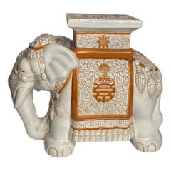 Retro Hollywood Regency Chinese Ivory Colored Elephant Garden Plant Stand or Seat