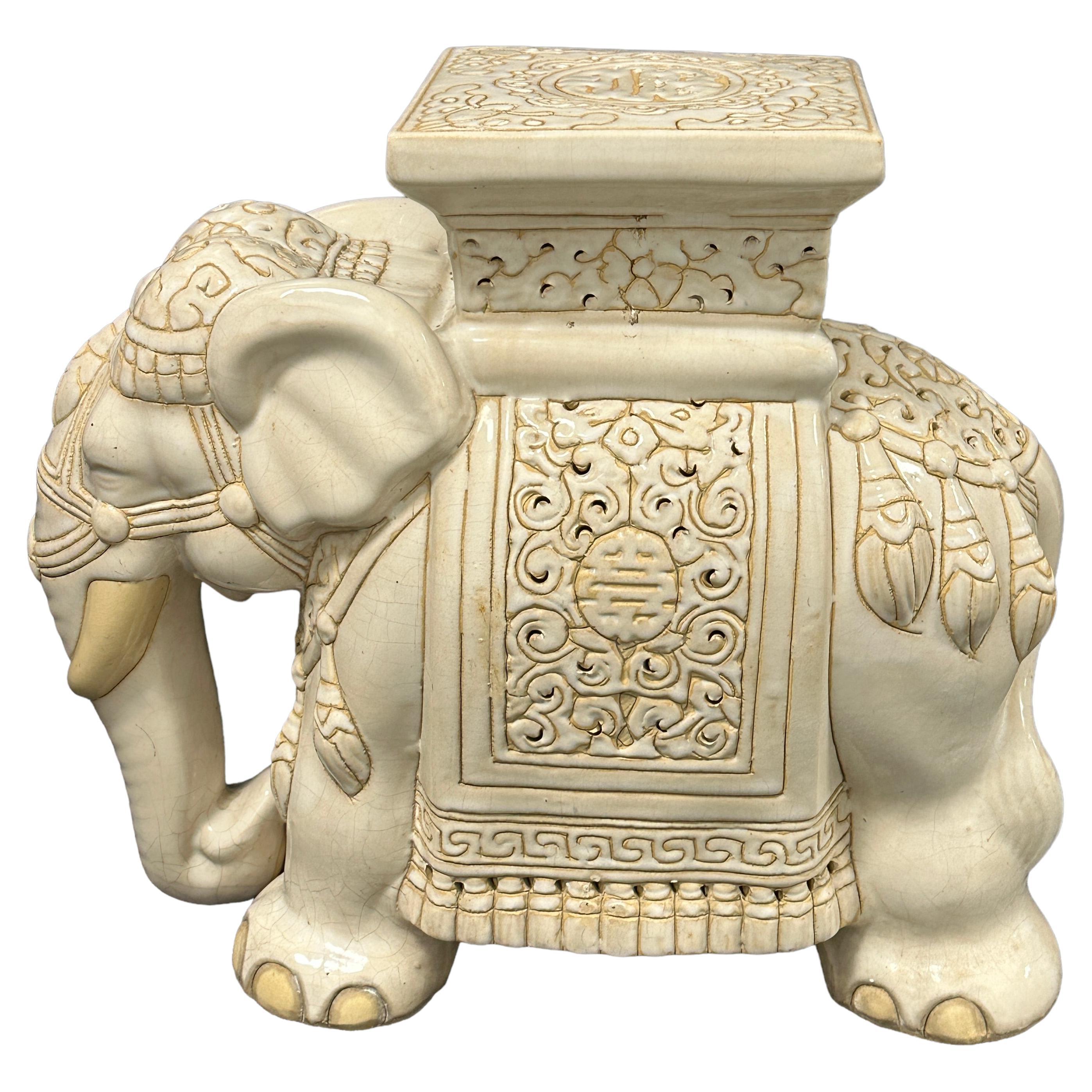 Hollywood Regency Chinese Ivory Colored Elephant Garden Plant Stand or Seat