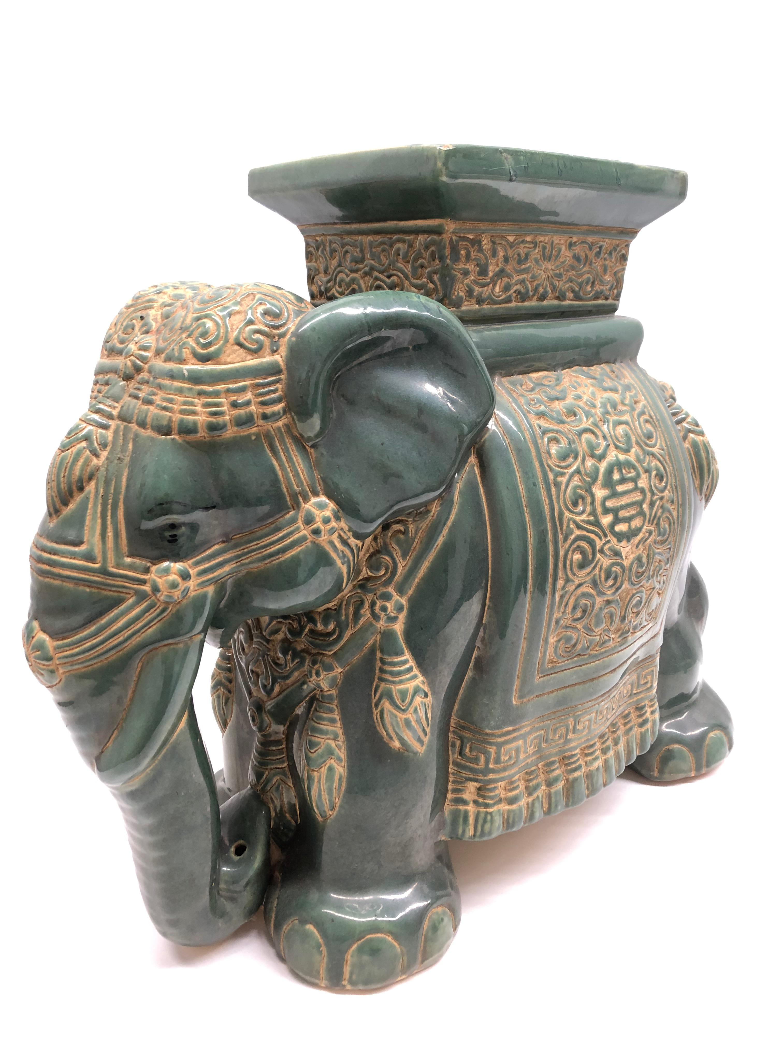 Porcelain Patio Stool Garden Ceramic Elephant Asian Seat Statue Green Stand 