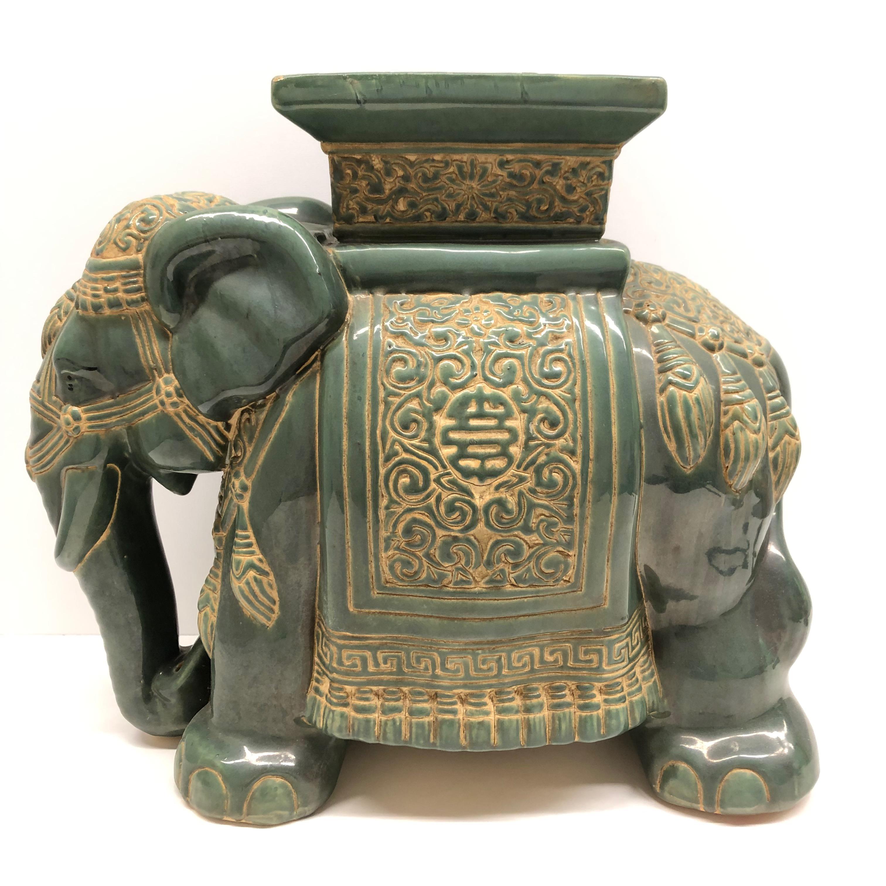 German Hollywood Regency Chinese Jade Green Elephant Garden Plant Stand or Seat