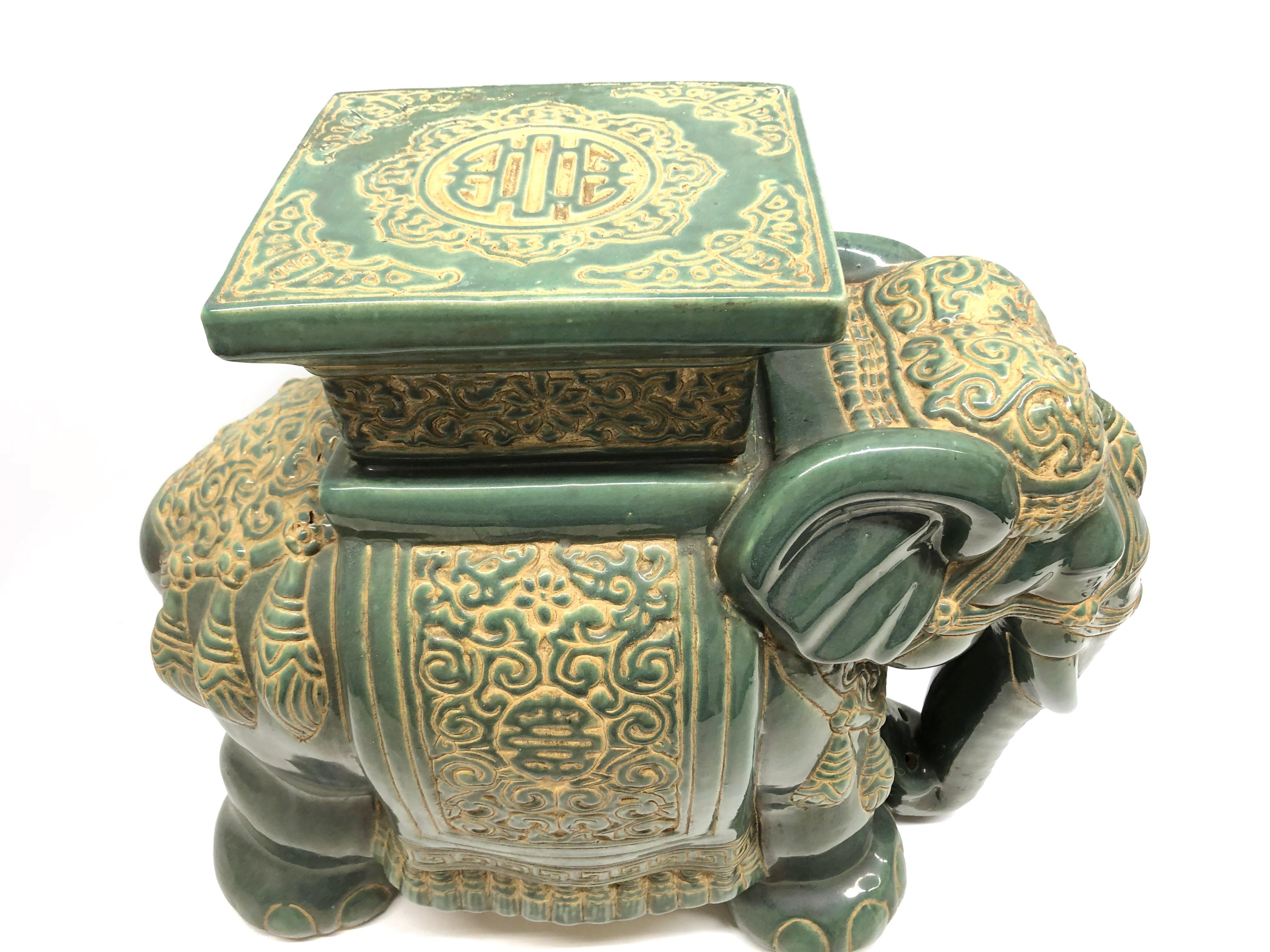 Mid-20th Century Hollywood Regency Chinese Jade Green Elephant Garden Plant Stand or Seat