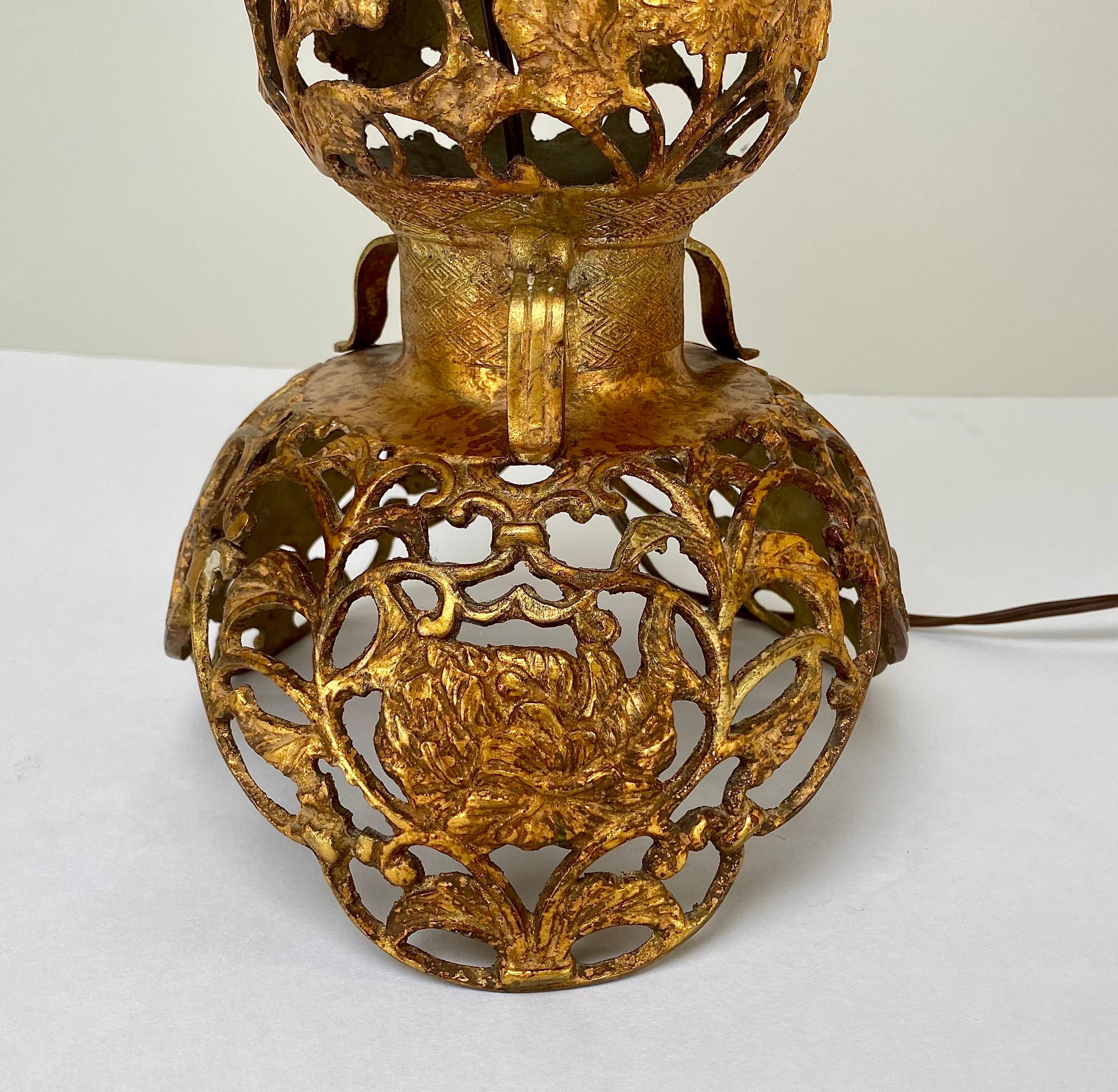 Hollywood Regency Chinese Style Bronze Filigree Design Tiered Table Lamp, a Pair For Sale 2
