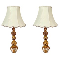 Hollywood Regency Chinese Style Bronze Filigree Design Tiered Table Lamp, a Pair