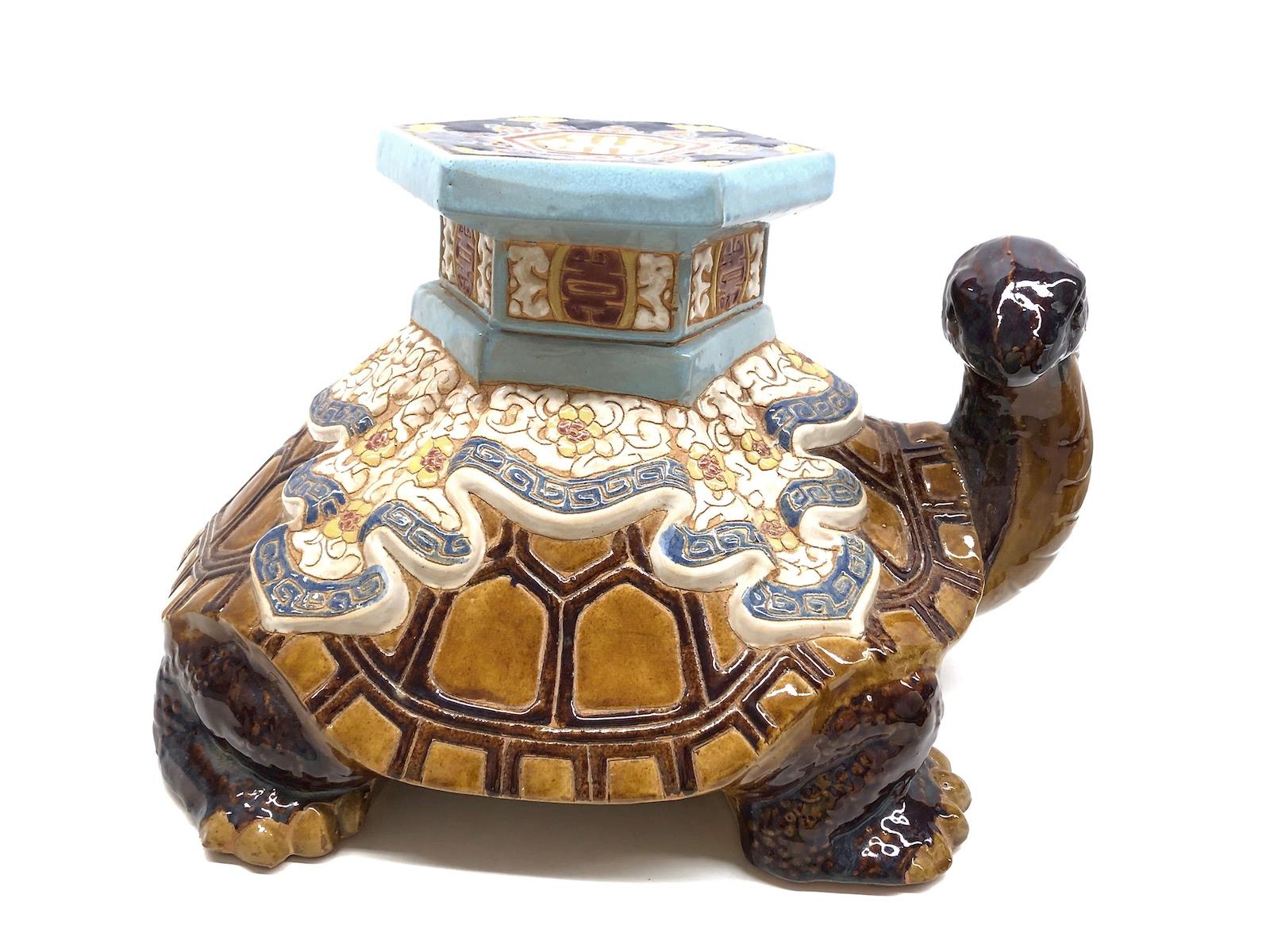 Mid-20th century glazed ceramic Turtle garden stool, flower pot seat, Patio decoration or side table. Handmade of ceramic. Nice addition to your home, patio or garden. A nice addition to any room, patio or yard.
 