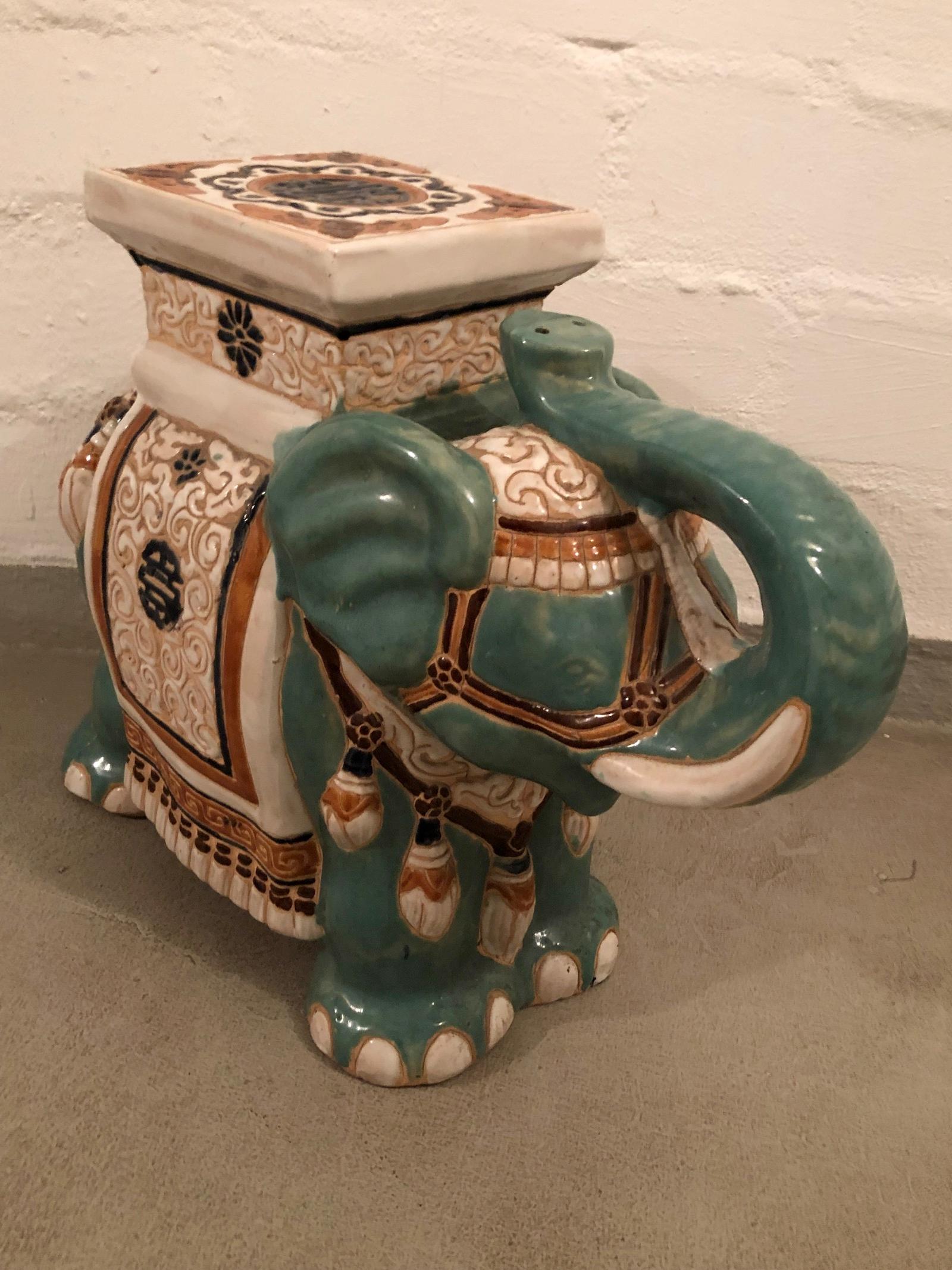 Ceramic Hollywood Regency Chinese Yade Green Elephant Garden Plant Stand or Seat