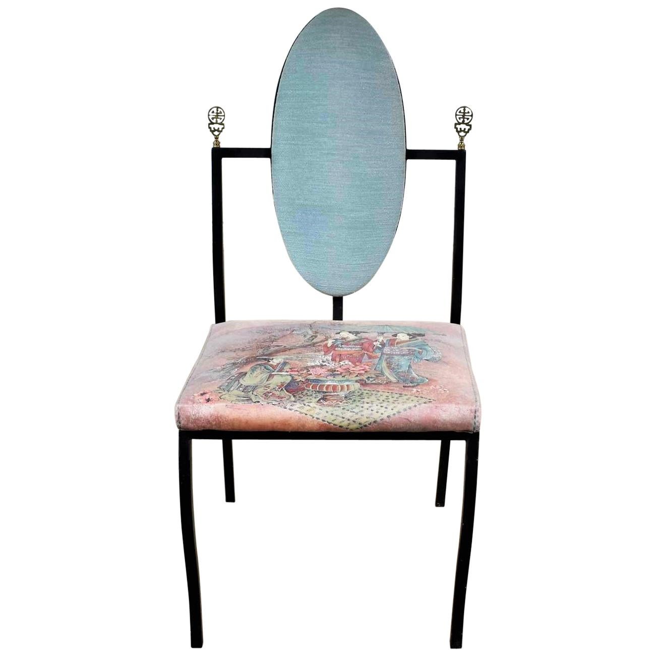 Hollywood Regency Chinoiserie Accent Chair Aqua Red Upholstery Black Steel Tube