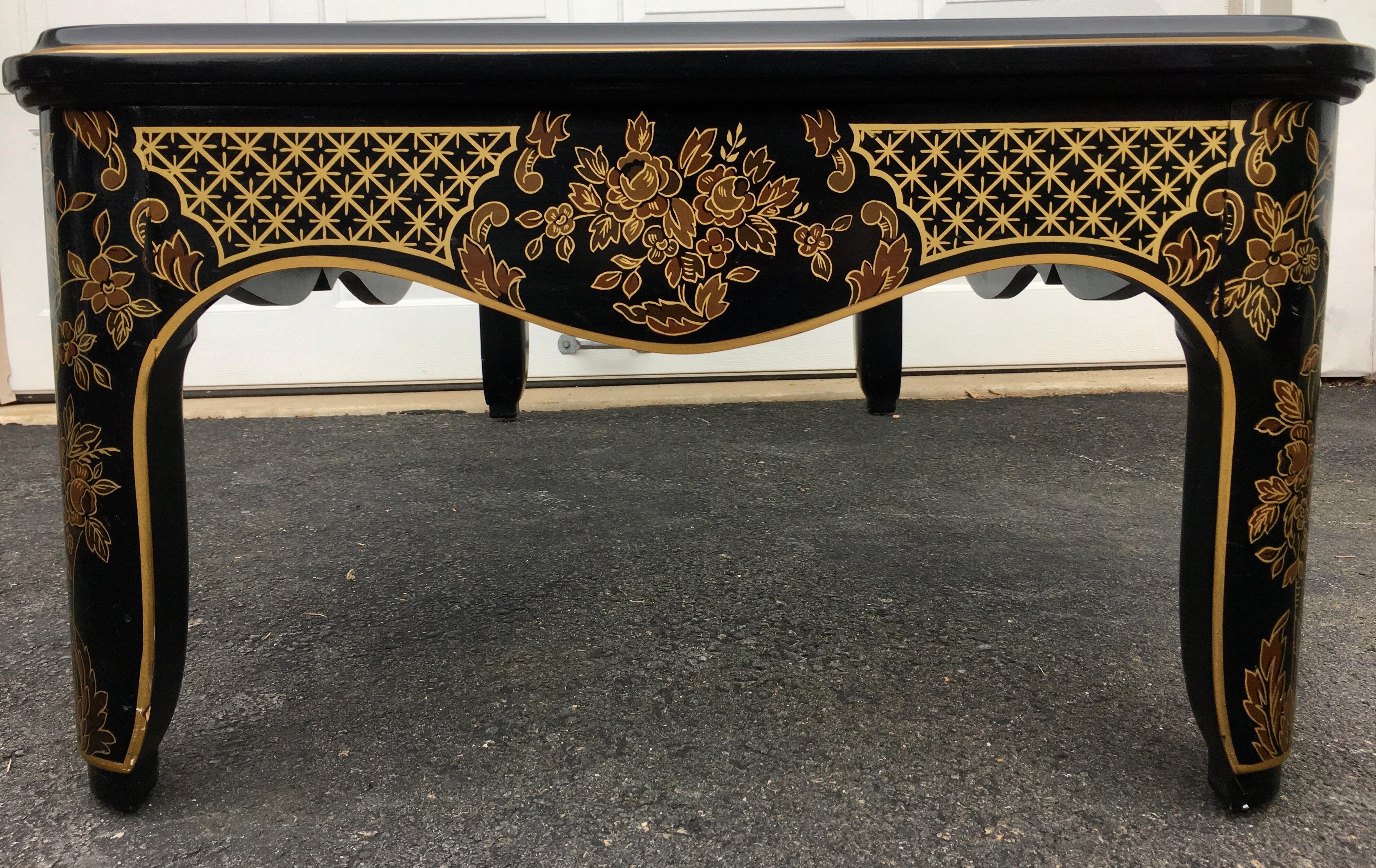 Glass Hollywood Regency Chinoiserie Black and Gold Coffee Table, Drexel Et Cetera