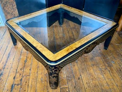 Hollywood Regency Chinoiserie Black & Gold Square Coffee Table, Drexel Et Cetera