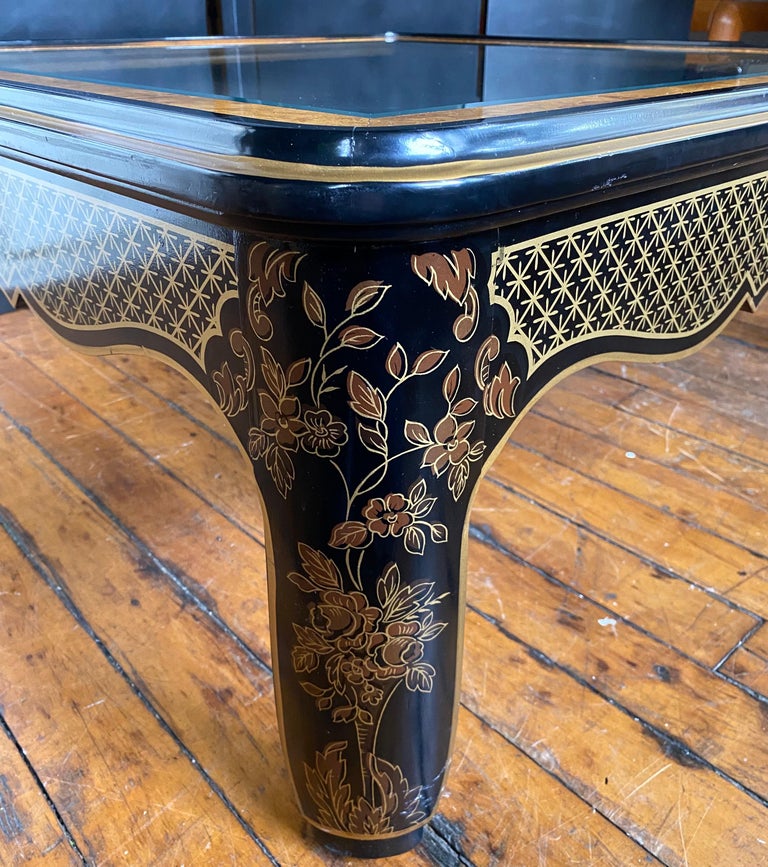 Hollywood Regency Chinoiserie Black and Gold Square Coffee Table