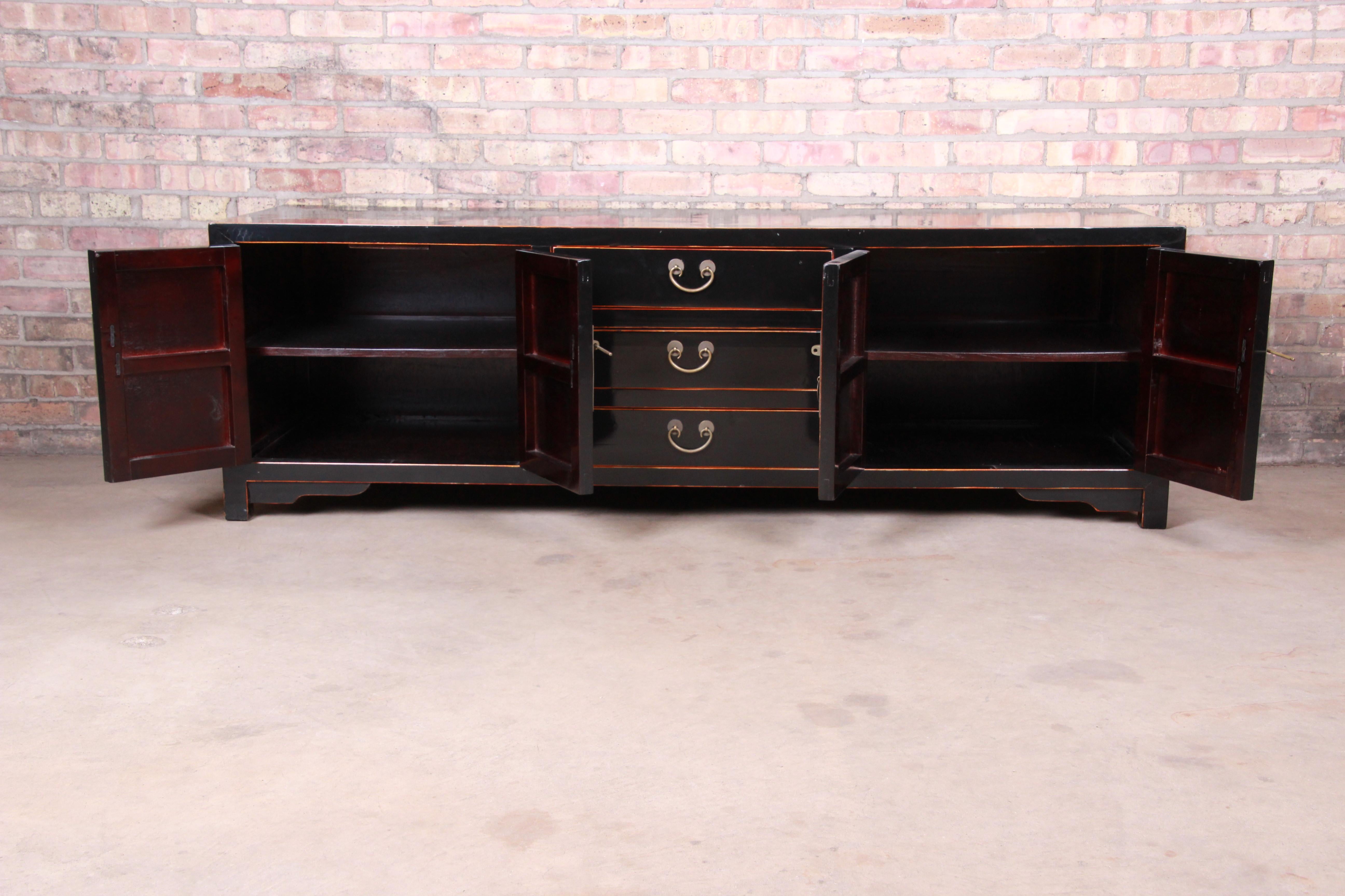 Hollywood Regency Chinoiserie Black Lacquered Sideboard Credenza or Bar Cabinet 6