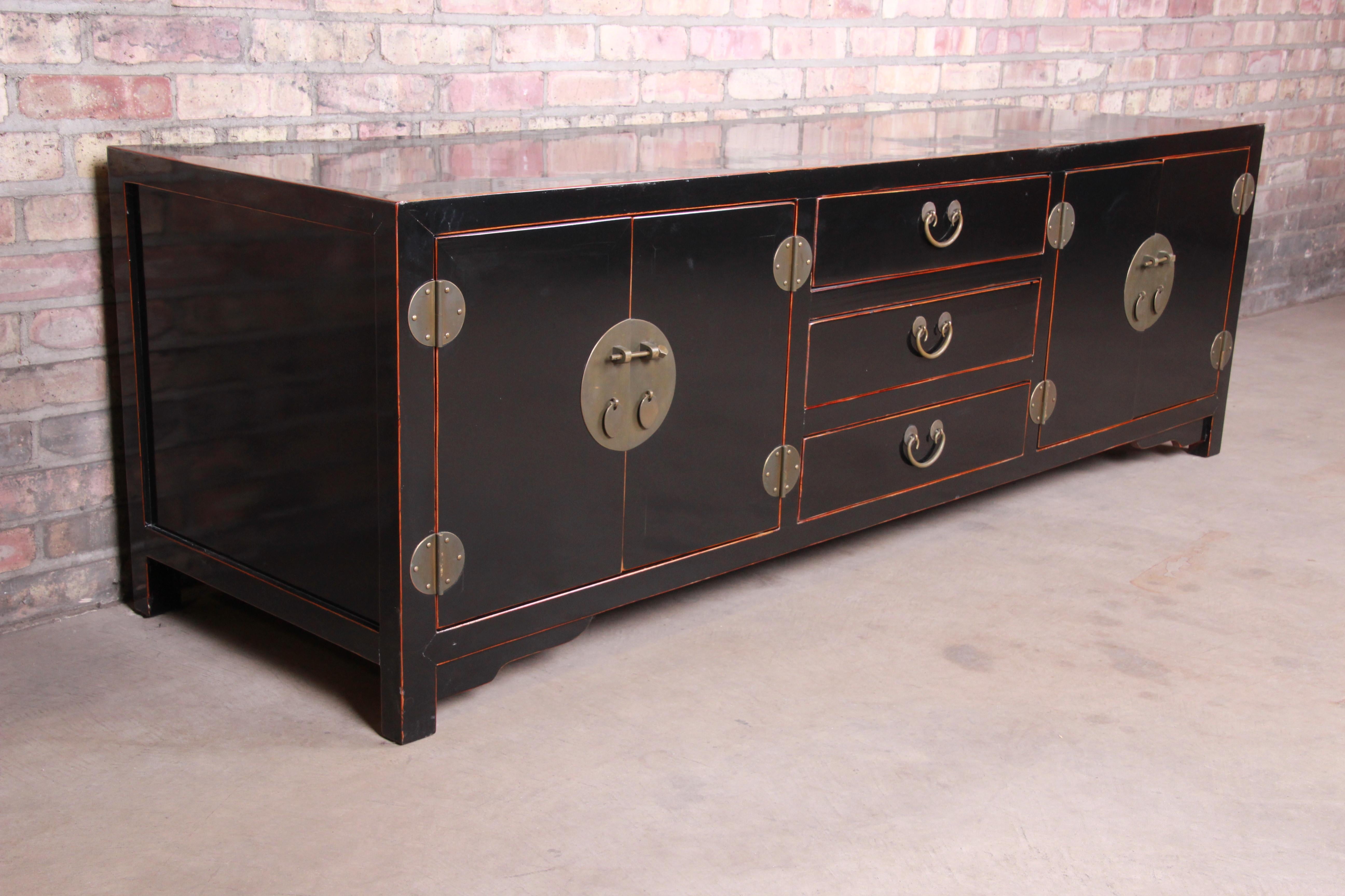 Brass Hollywood Regency Chinoiserie Black Lacquered Sideboard Credenza or Bar Cabinet