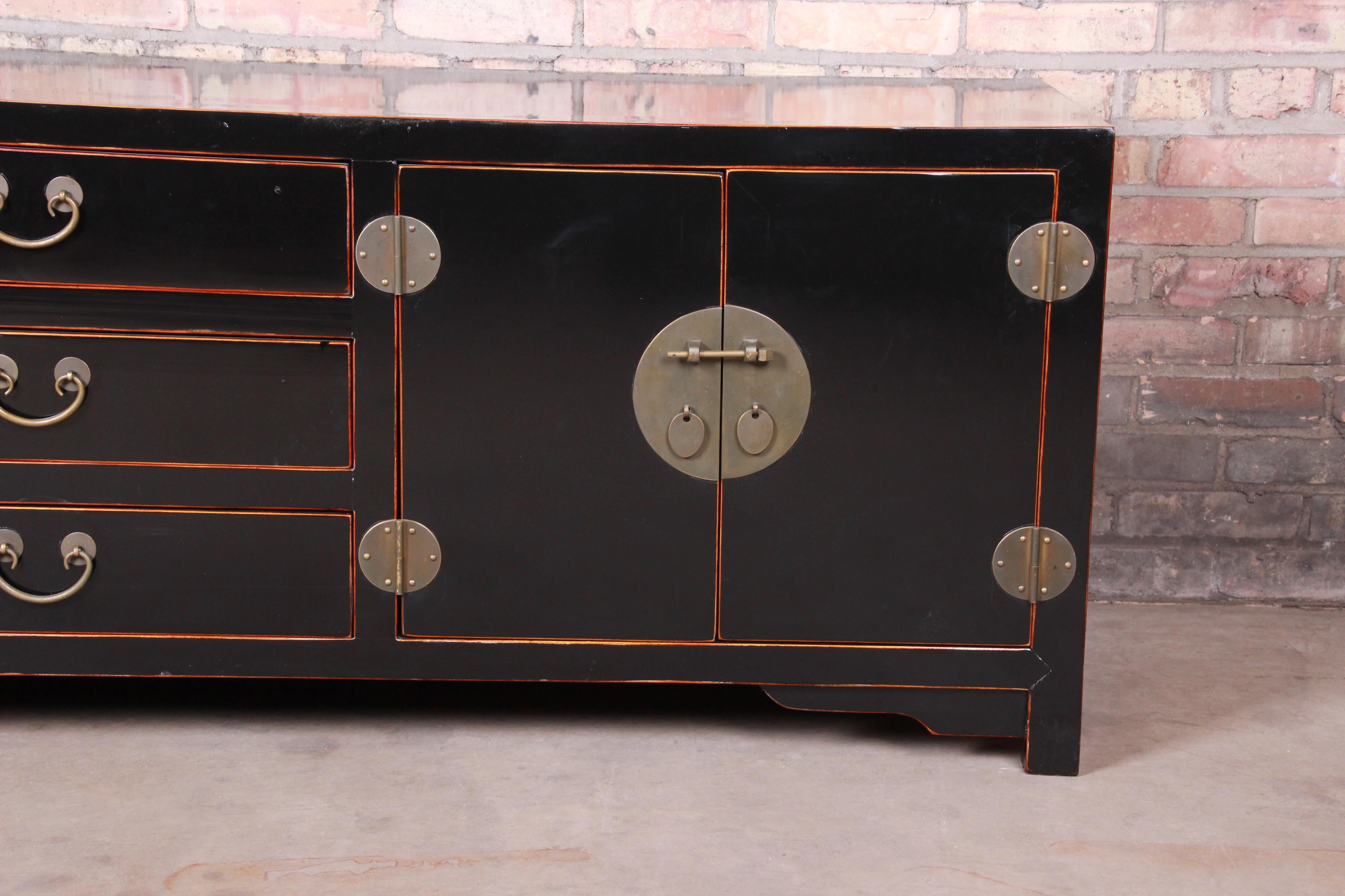 Hollywood Regency Chinoiserie Black Lacquered Sideboard Credenza or Bar Cabinet 1