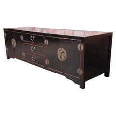 Hollywood Regency Chinoiserie Black Lacquered Sideboard Credenza or Bar Cabinet