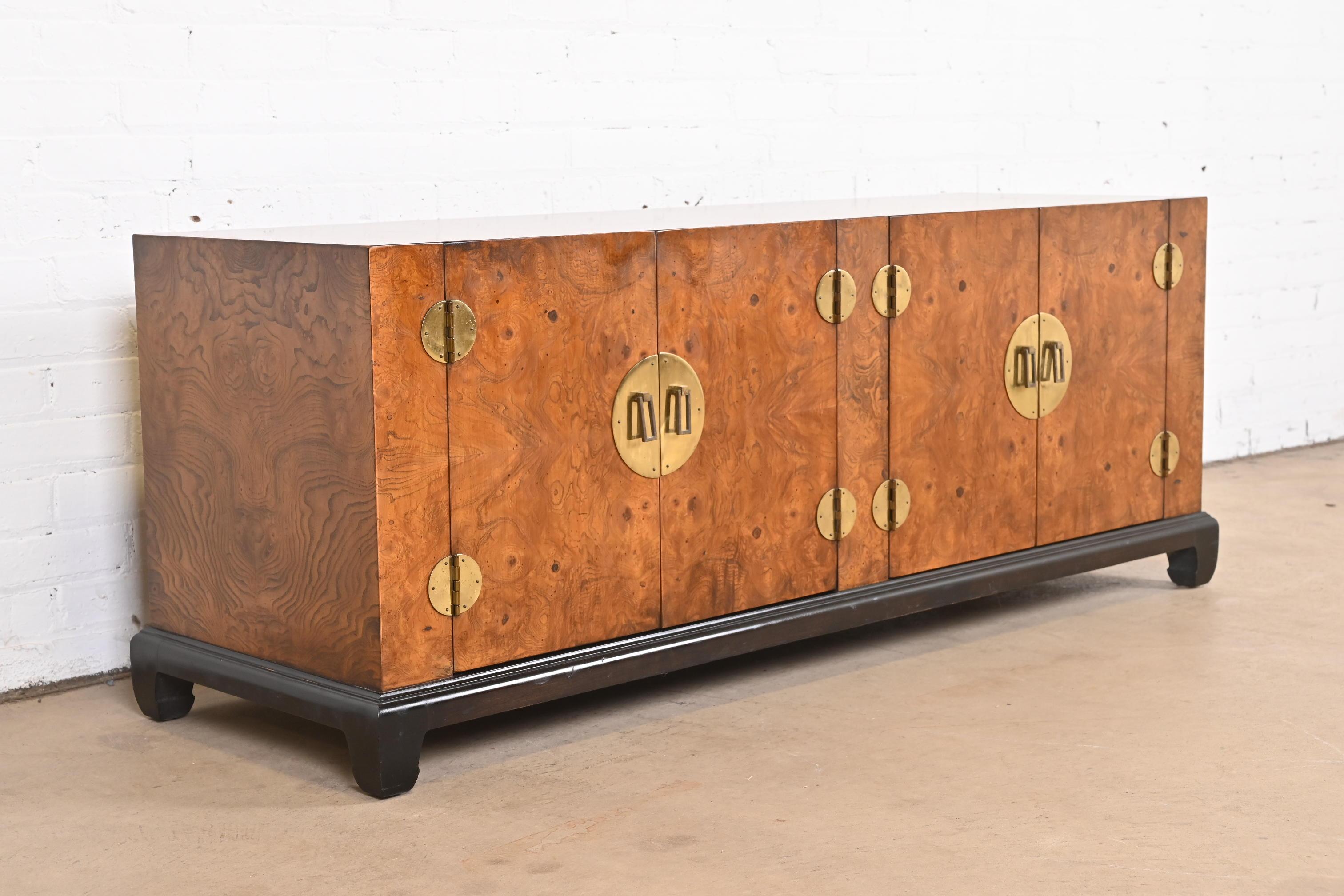 Brass Hollywood Regency Chinoiserie Burl Wood Low Credenza, circa 1970s