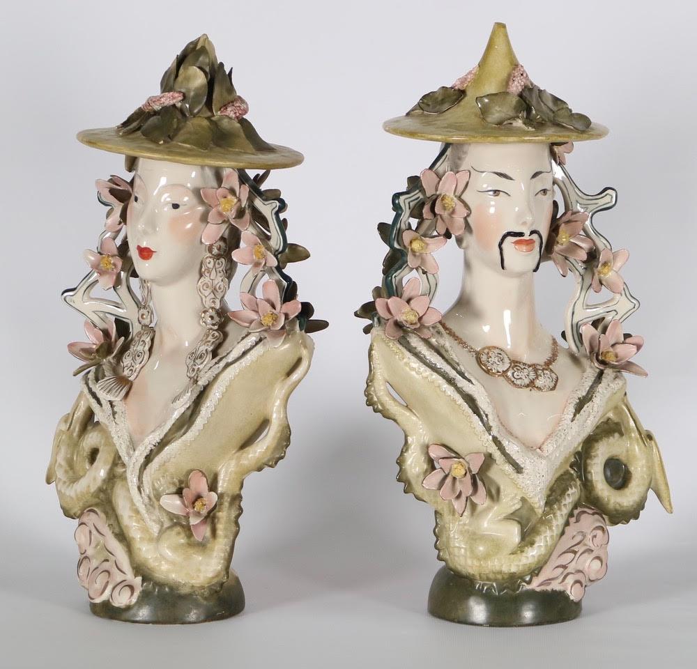 Pair of Hollywood Regency Chinoiserie porcelain busts in the style of James Mont, attributed to Cordey. Made during the 1950s, the pair is in great vintage condition with age-appropriate wear.Pair of Hollywood Regency chinoiserie porcelain busts in