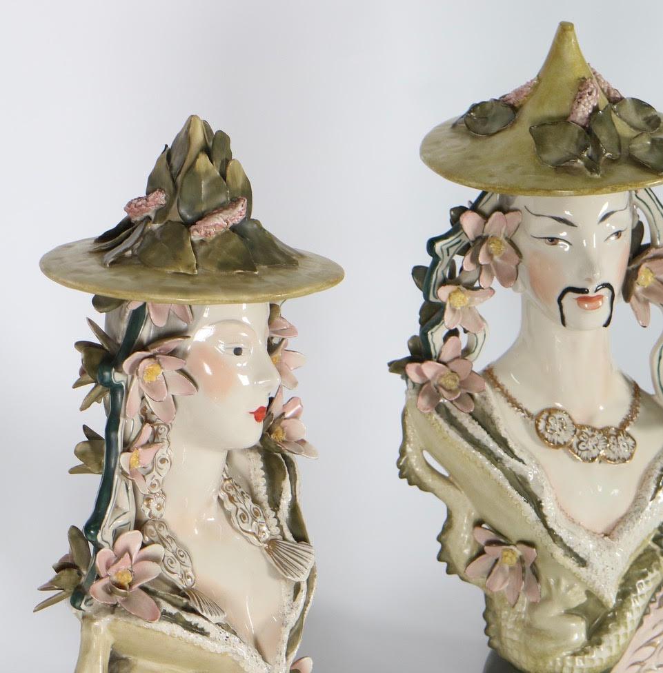 Porcelain Hollywood Regency Chinoiserie Busts in James Mont Style Attributed to Cordey