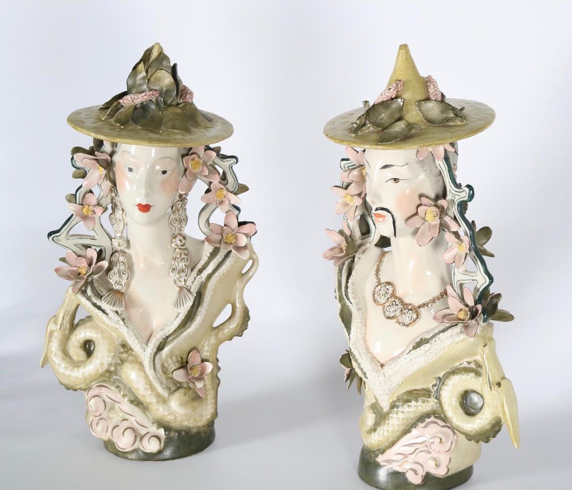 Hollywood Regency Chinoiserie Busts in James Mont Style Attributed to Cordey 1