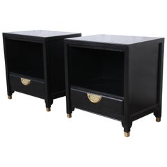Hollywood Regency Chinoiserie Ebonized Nightstands by Century Furniture, Pair