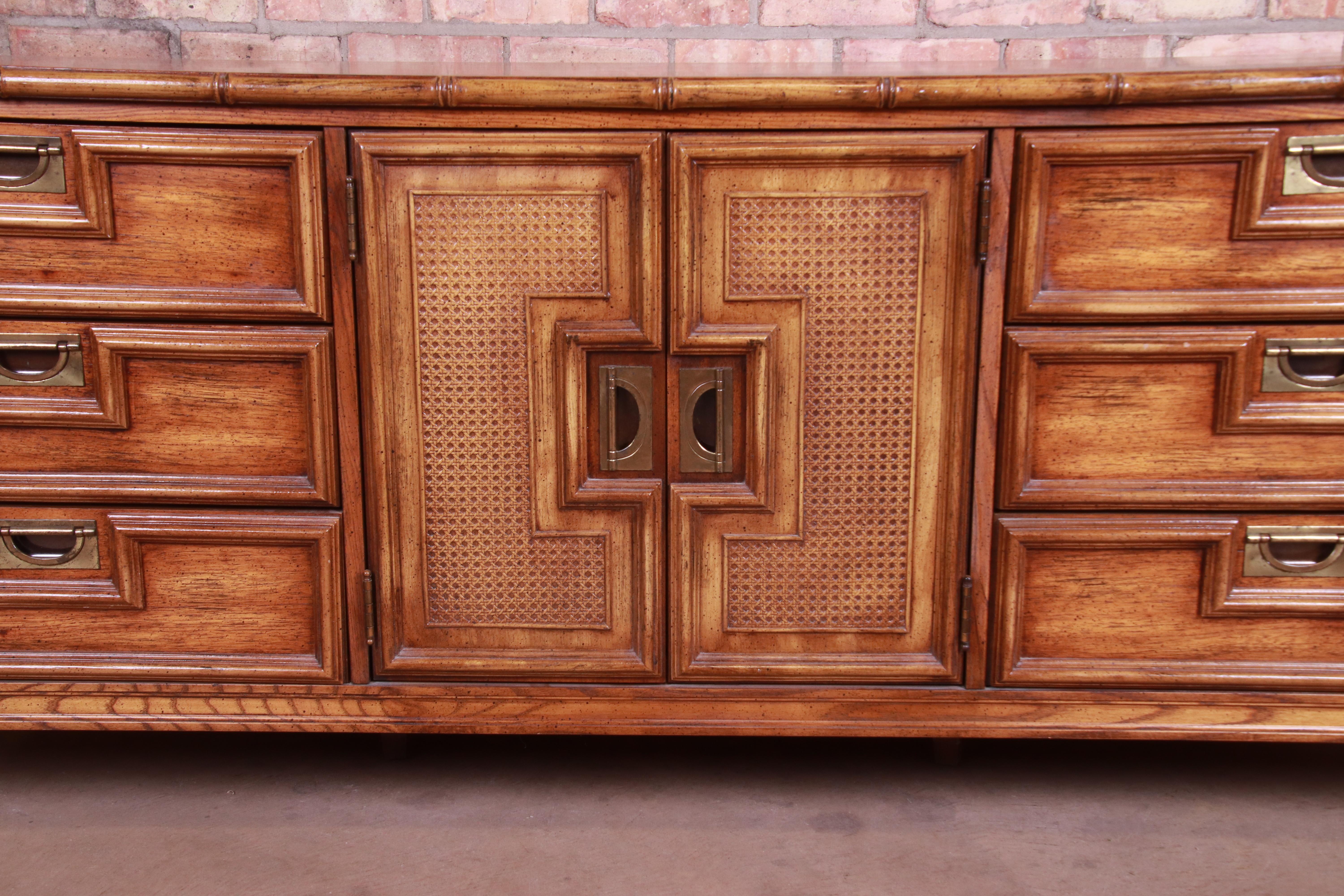 Brass Hollywood Regency Chinoiserie Faux Bamboo and Walnut Triple Dresser by Stanley