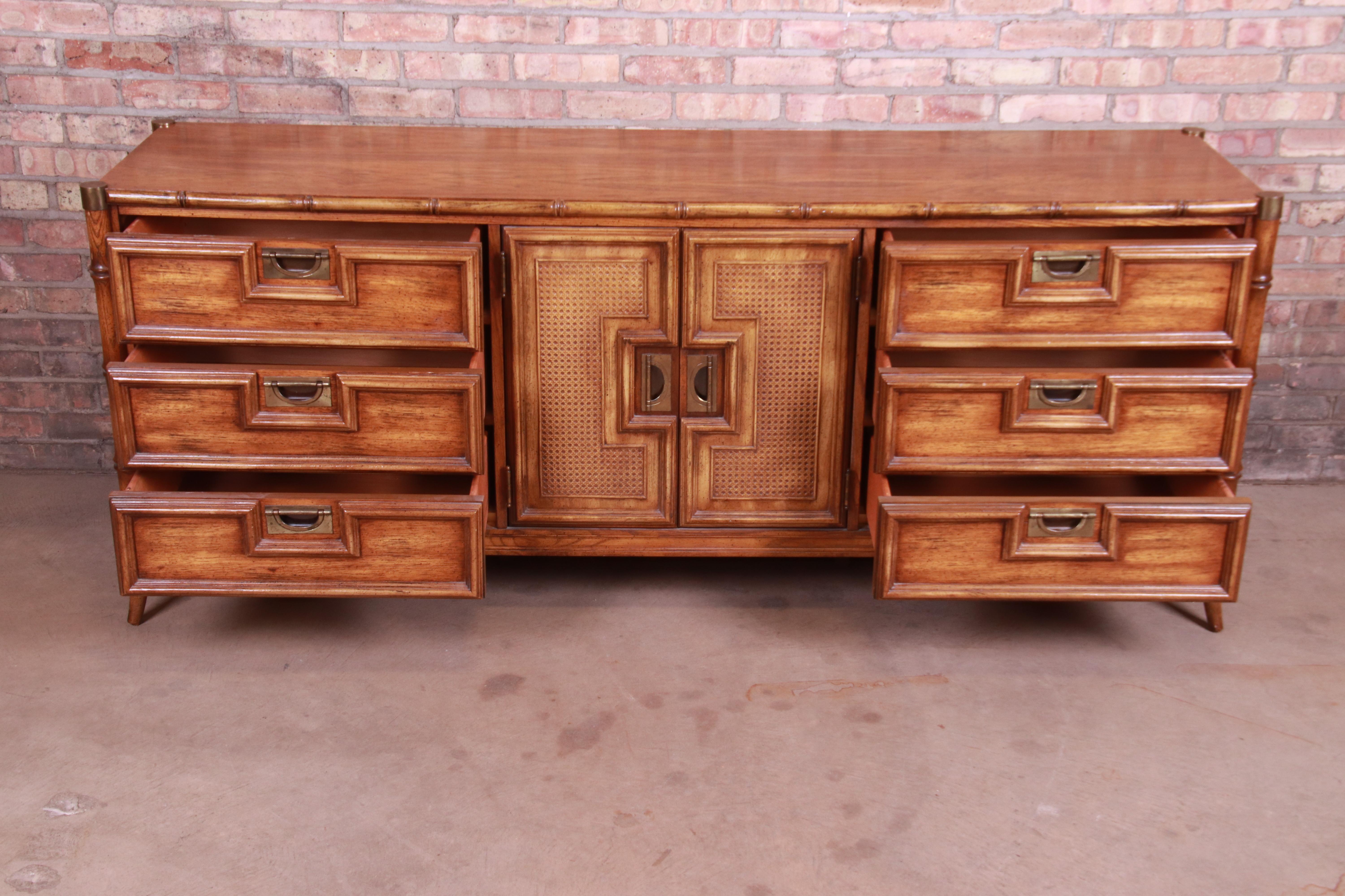 Hollywood Regency Chinoiserie Faux Bamboo and Walnut Triple Dresser by Stanley 3