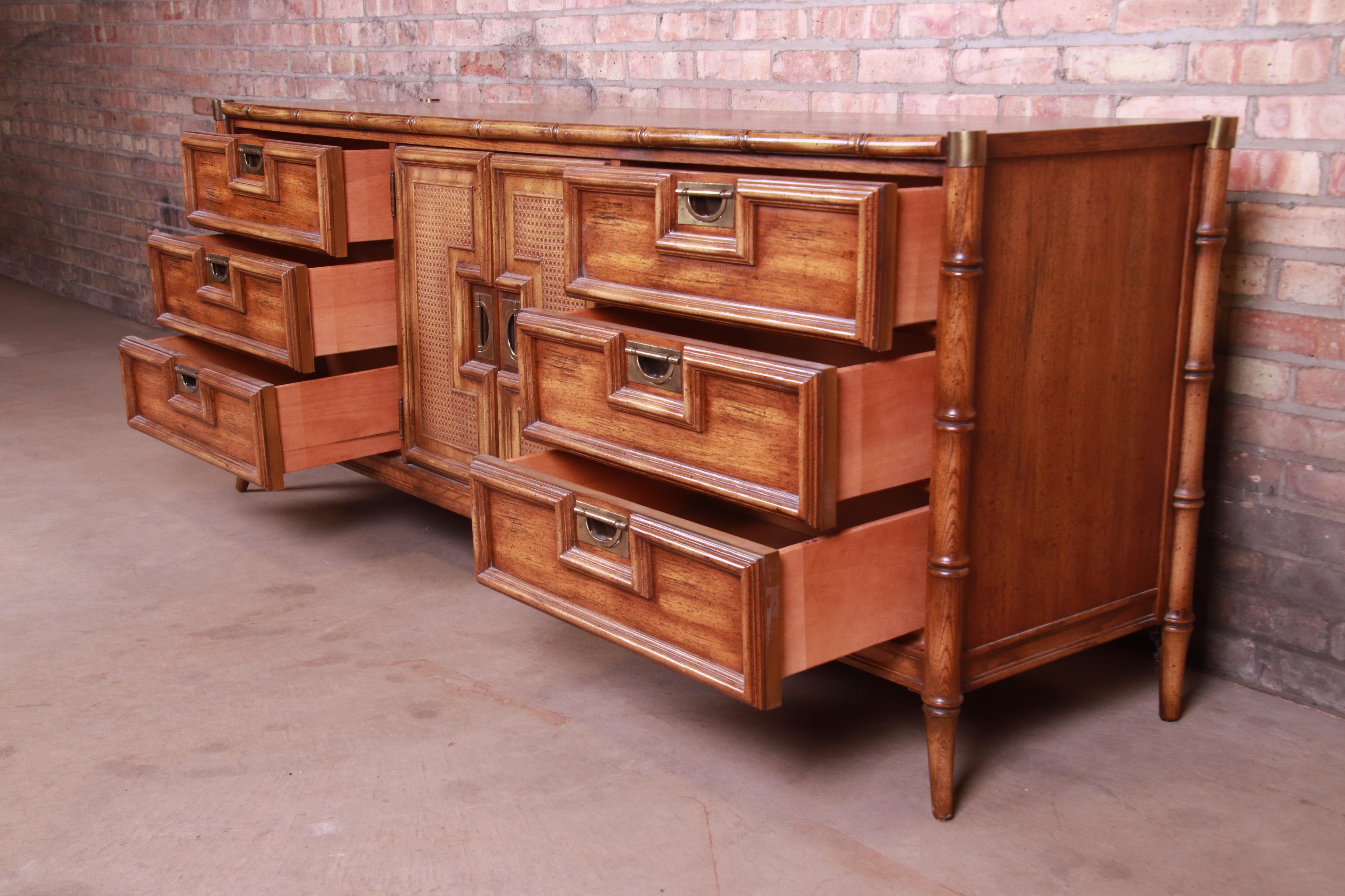 Hollywood Regency Chinoiserie Faux Bamboo and Walnut Triple Dresser by Stanley 4