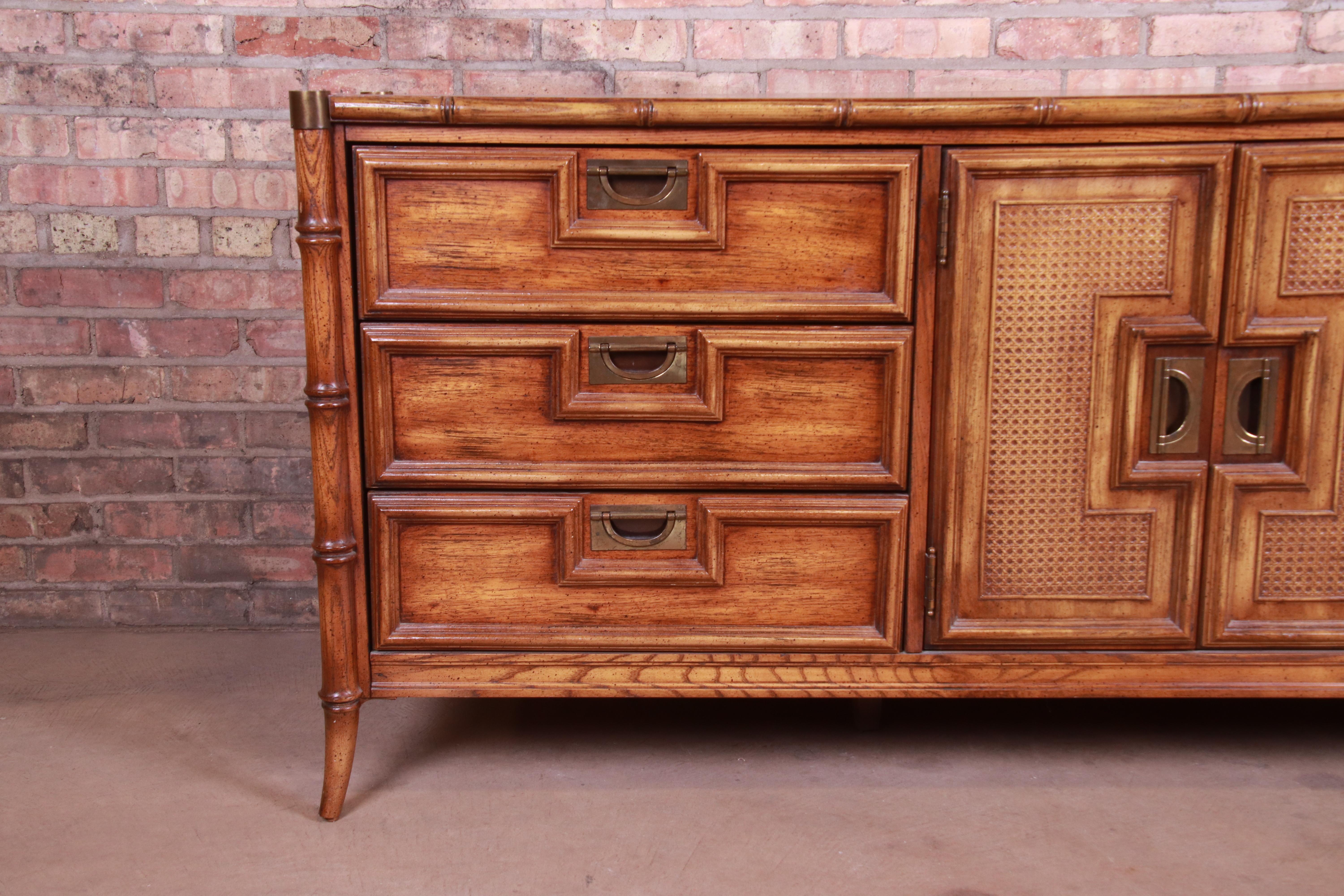 20th Century Hollywood Regency Chinoiserie Faux Bamboo and Walnut Triple Dresser by Stanley