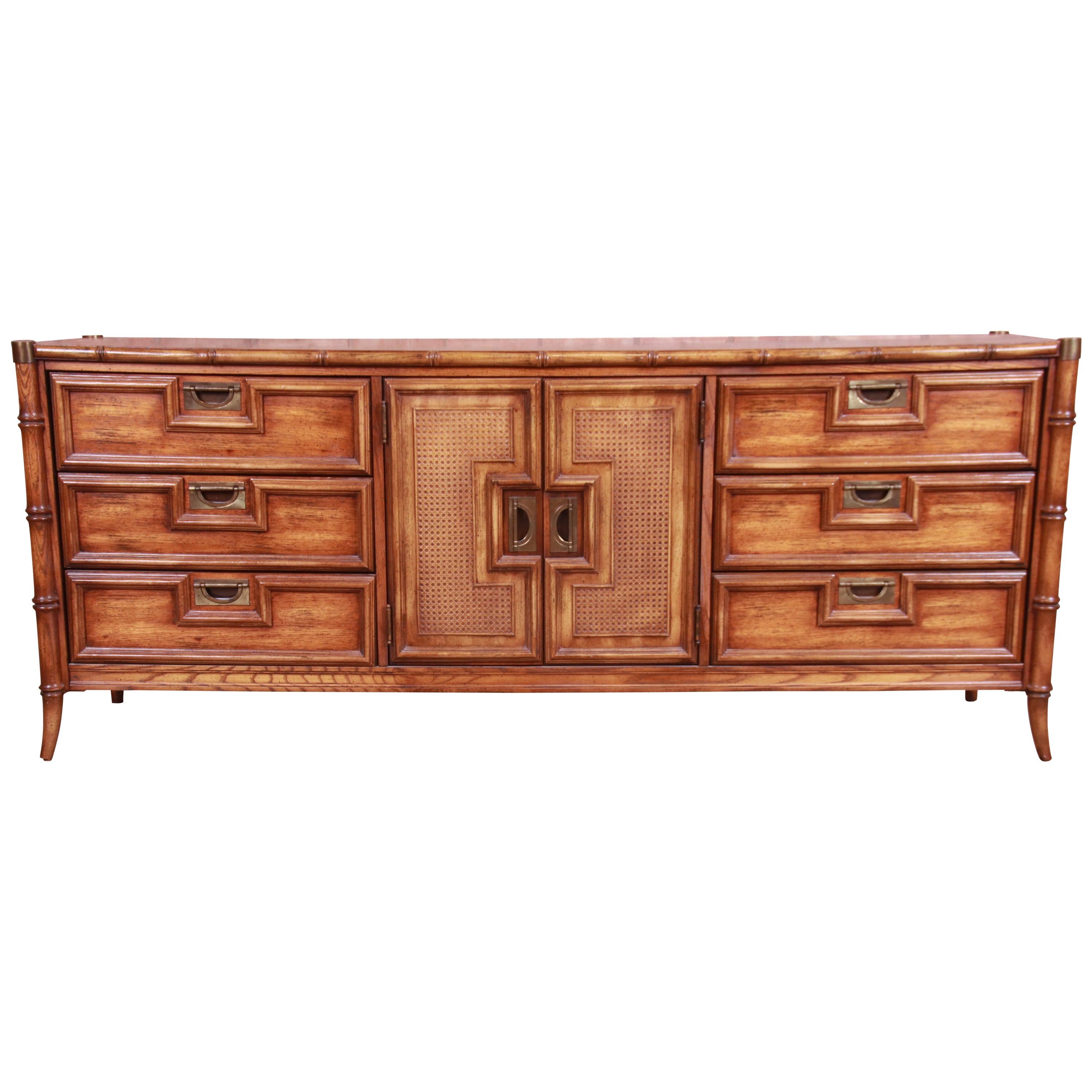 Hollywood Regency Chinoiserie Faux Bamboo and Walnut Triple Dresser by Stanley