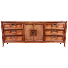 Hollywood Regency Chinoiserie Faux Bamboo and Walnut Triple Dresser by Stanley