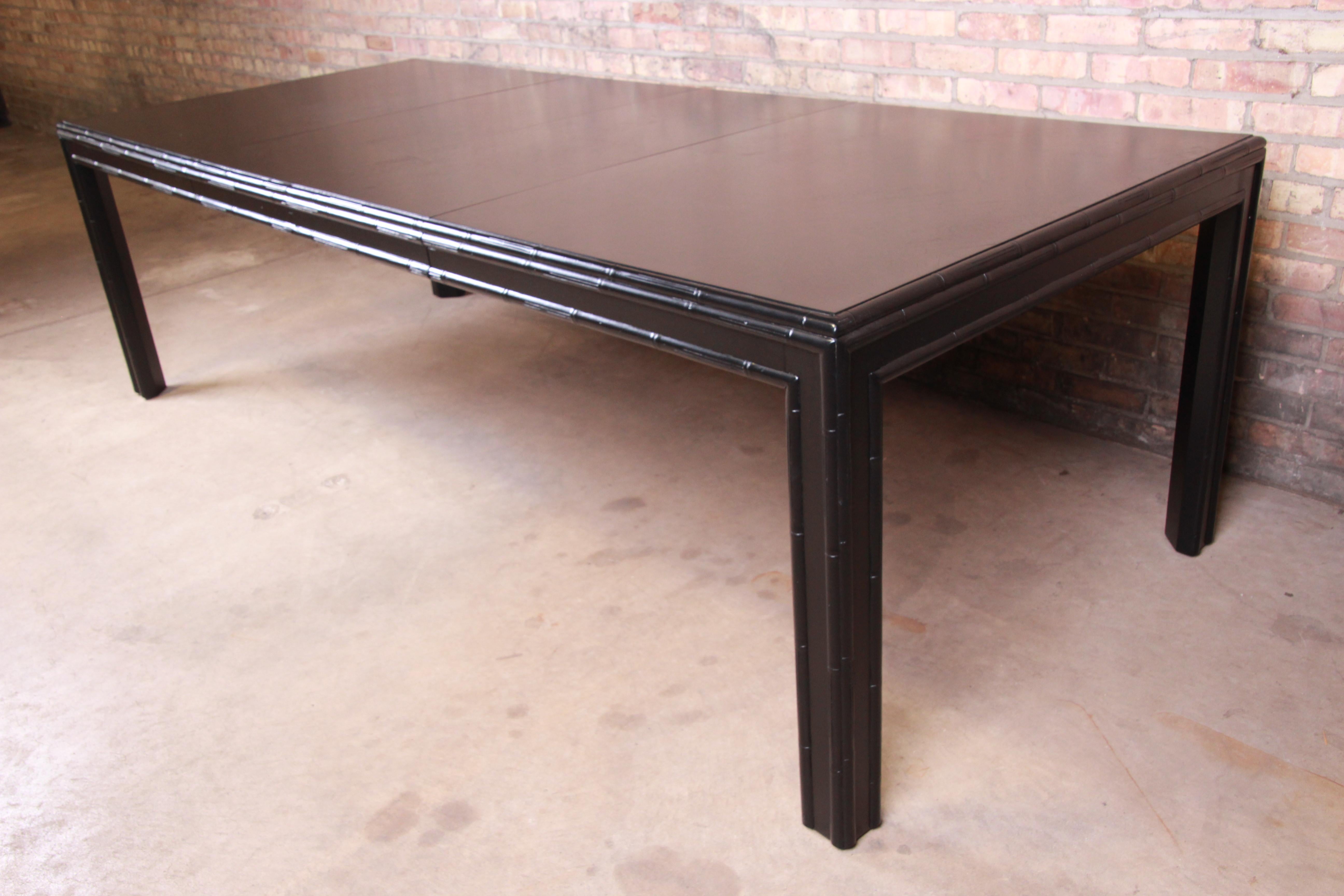 Mid-Century Modern Hollywood Regency Chinoiserie Faux Bamboo Black Lacquered Extension Dining Table