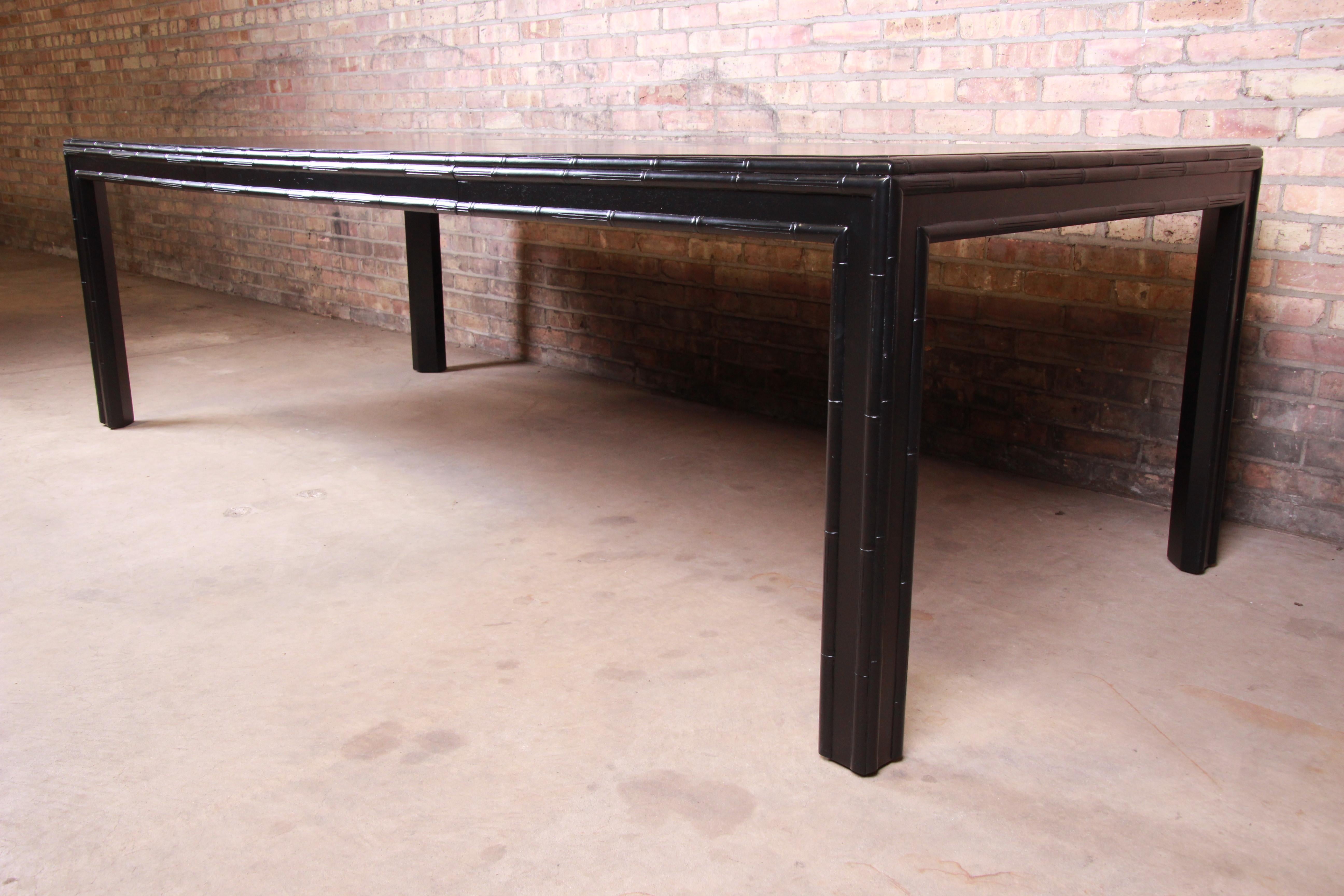 American Hollywood Regency Chinoiserie Faux Bamboo Black Lacquered Extension Dining Table