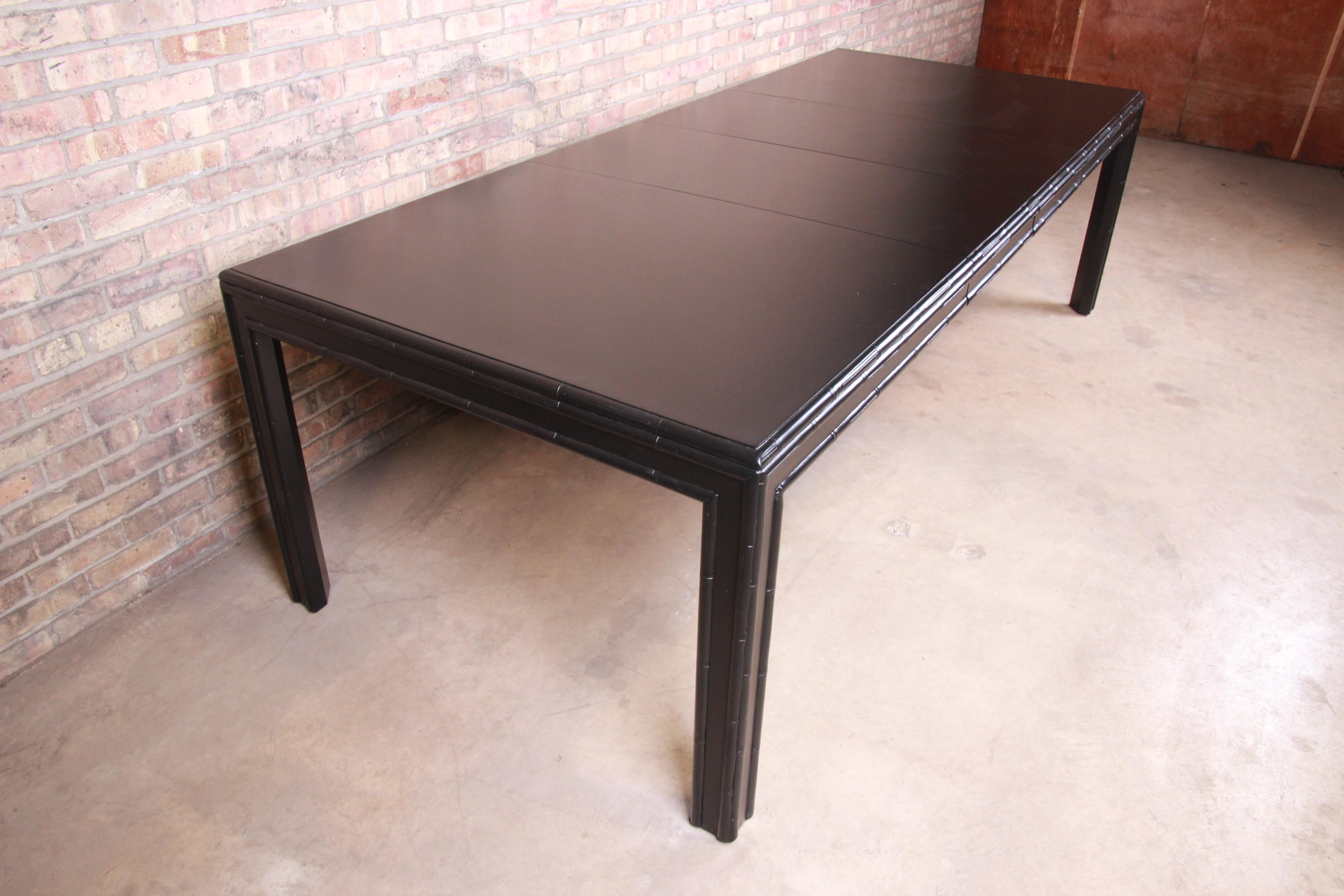 Walnut Hollywood Regency Chinoiserie Faux Bamboo Black Lacquered Extension Dining Table