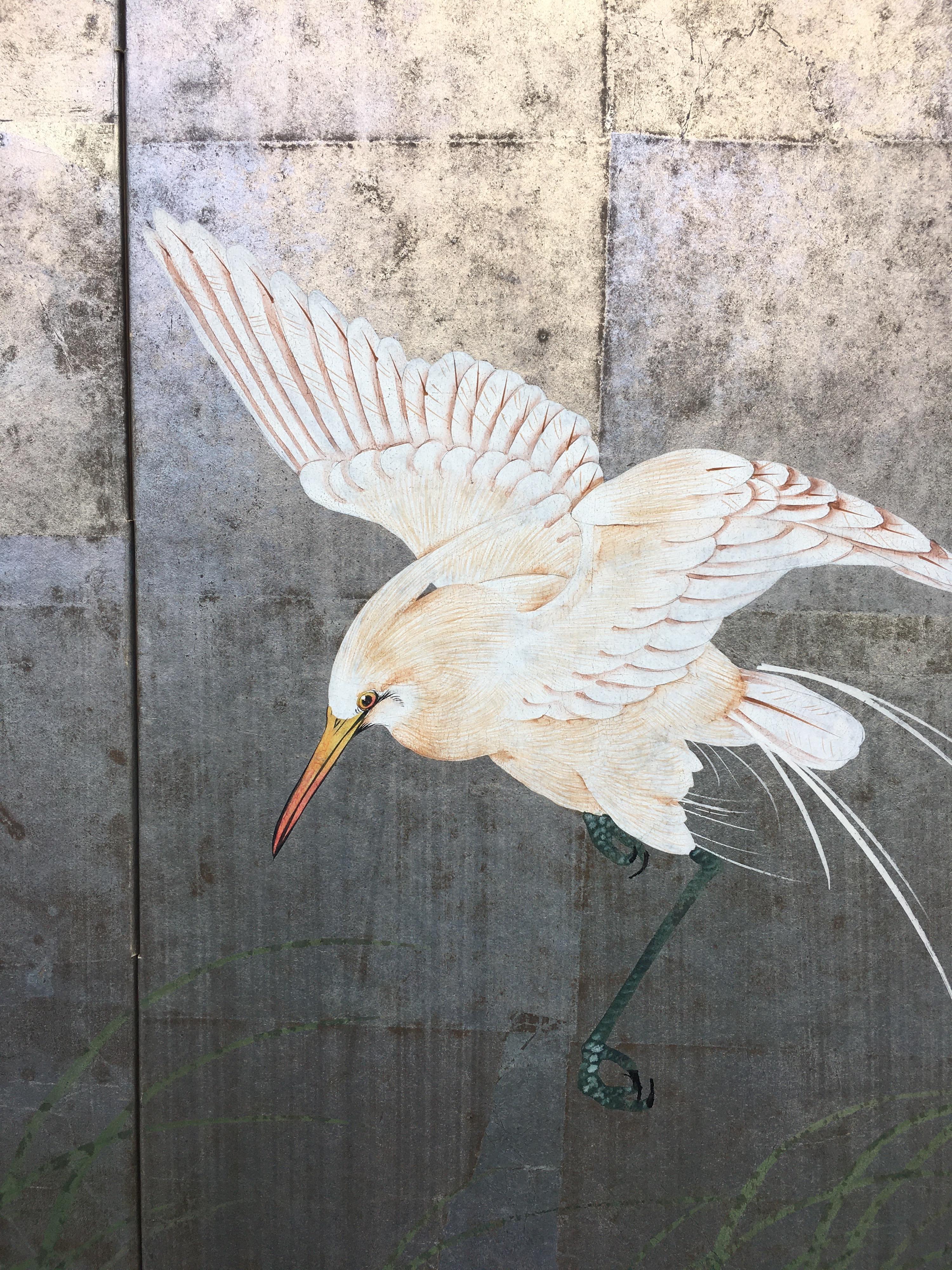 Hollywood Regency Chinoiserie Folding Screen Wall Art Heron Birds Silver Leaf 5