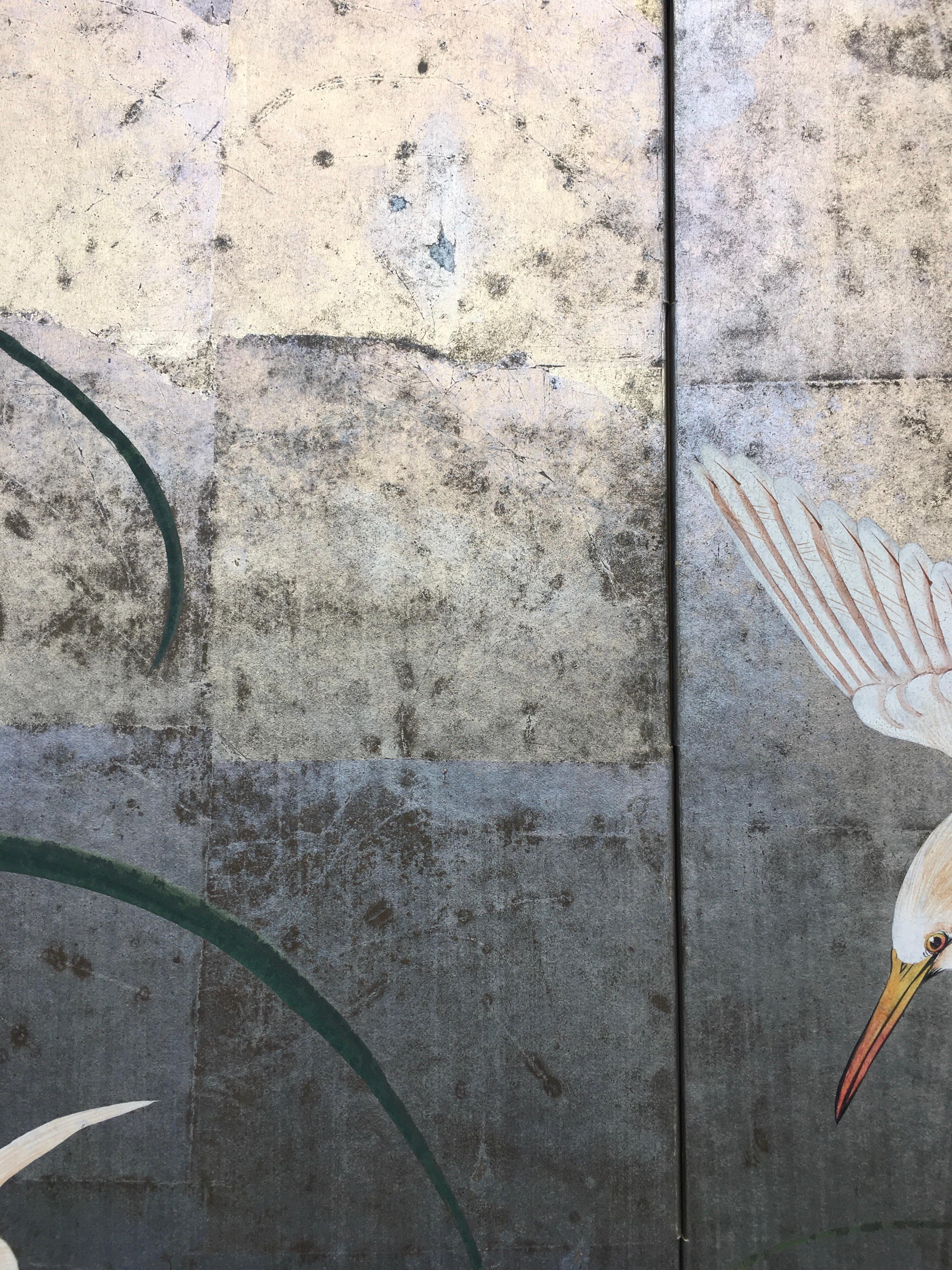 Hollywood Regency Chinoiserie Folding Screen Wall Art Heron Birds Silver Leaf 7