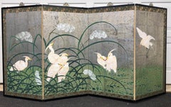 Hollywood Regency Chinoiserie Folding Screen Wall Art Heron Birds Silver Leaf