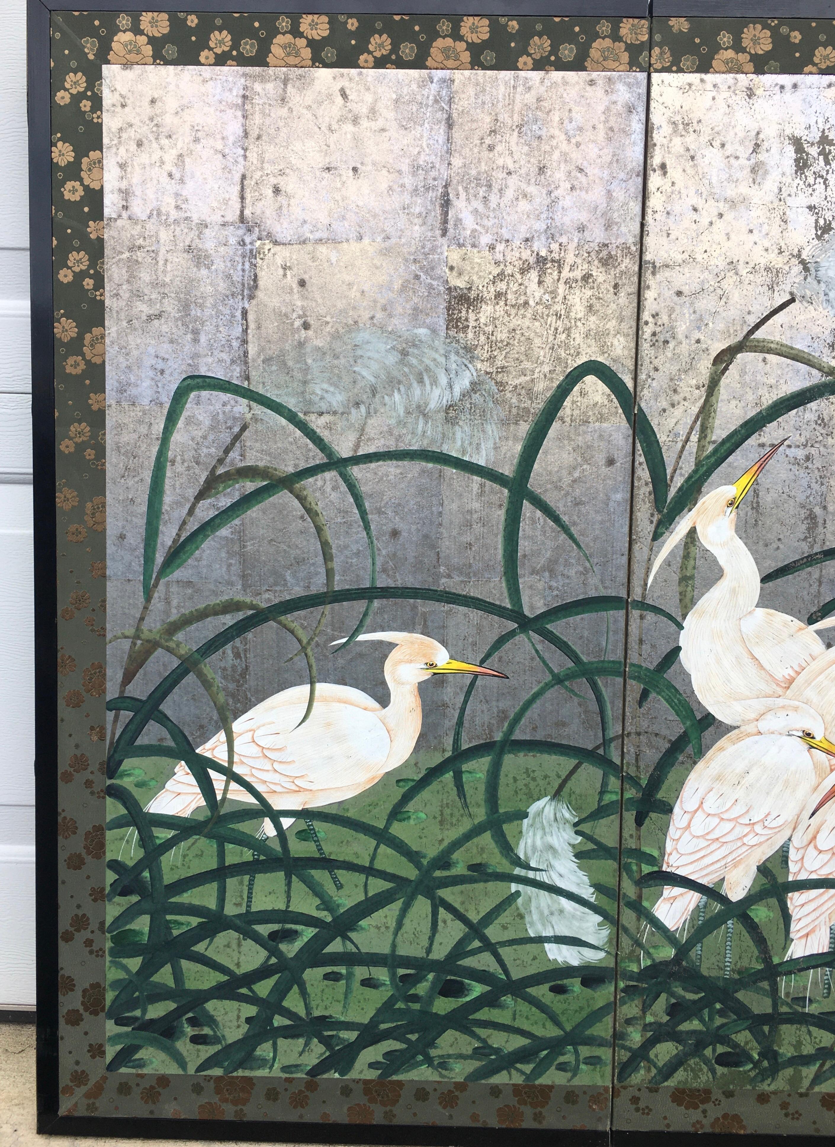 Hollywood Regency Chinoiserie Folding Screen Wall Art Heron Birds Silver Leaf In Good Condition In Lambertville, NJ