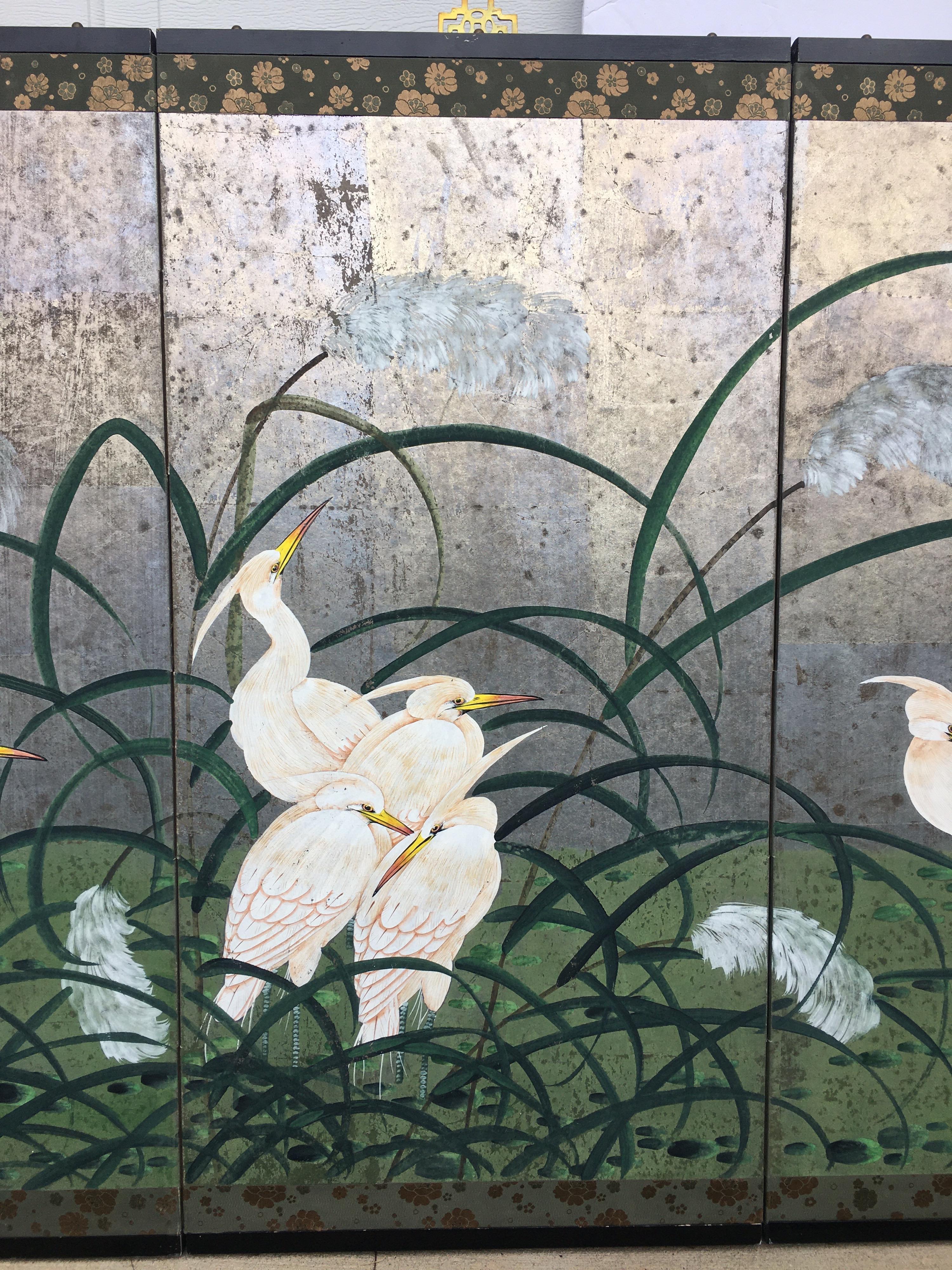 20th Century Hollywood Regency Chinoiserie Folding Screen Wall Art Heron Birds Silver Leaf