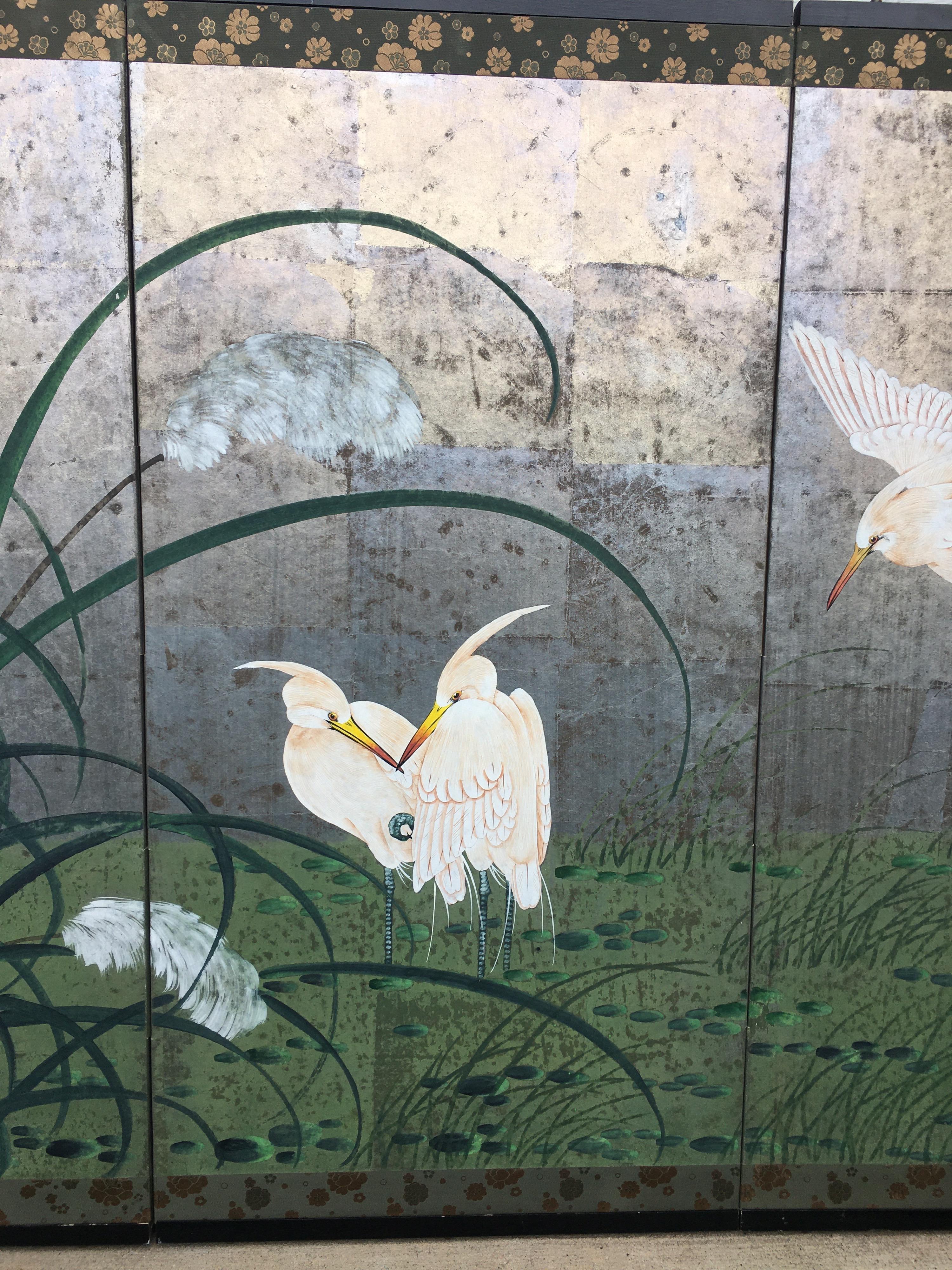 Wood Hollywood Regency Chinoiserie Folding Screen Wall Art Heron Birds Silver Leaf