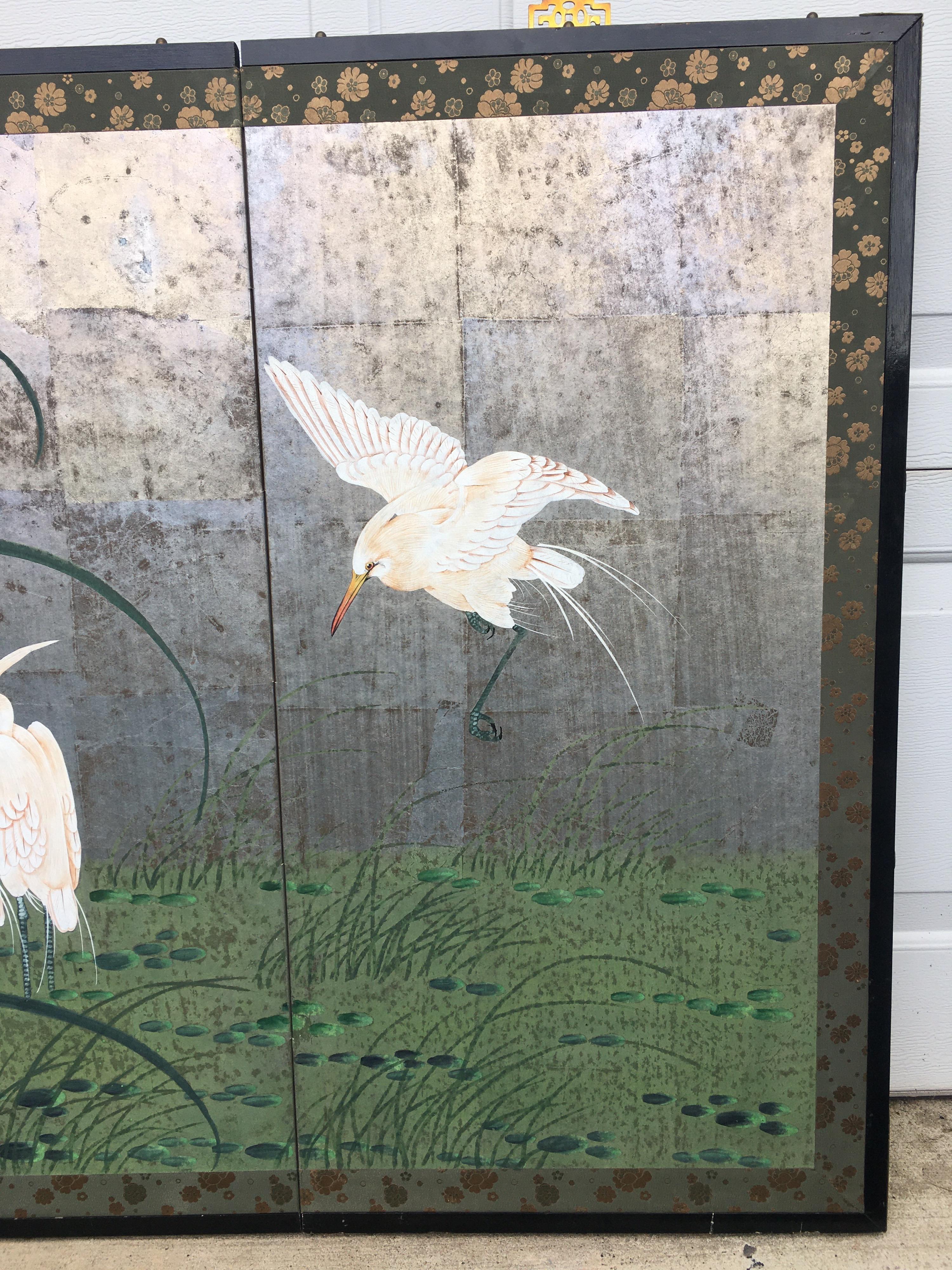 Hollywood Regency Chinoiserie Folding Screen Wall Art Heron Birds Silver Leaf 1
