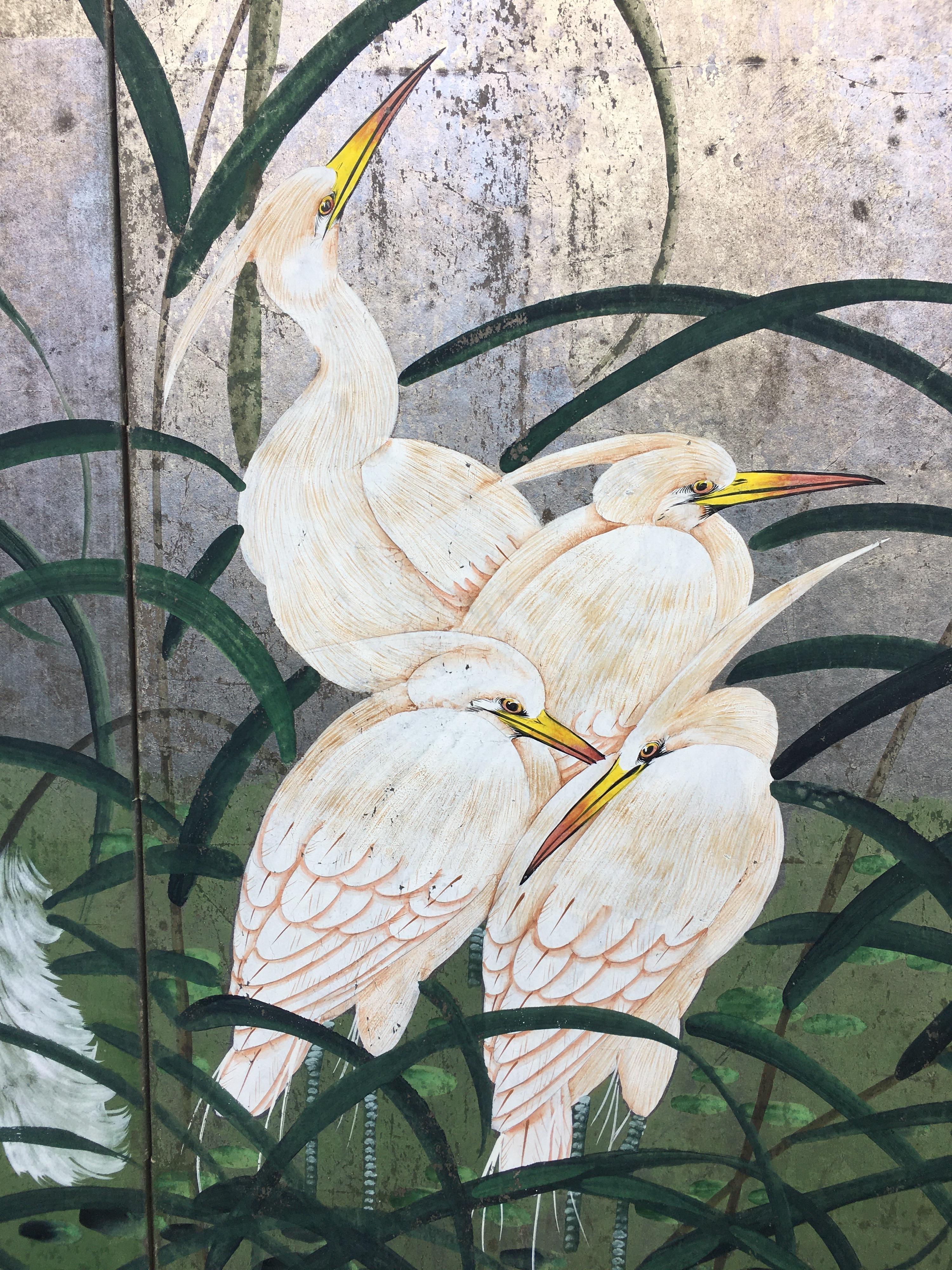 Hollywood Regency Chinoiserie Folding Screen Wall Art Heron Birds Silver Leaf 2