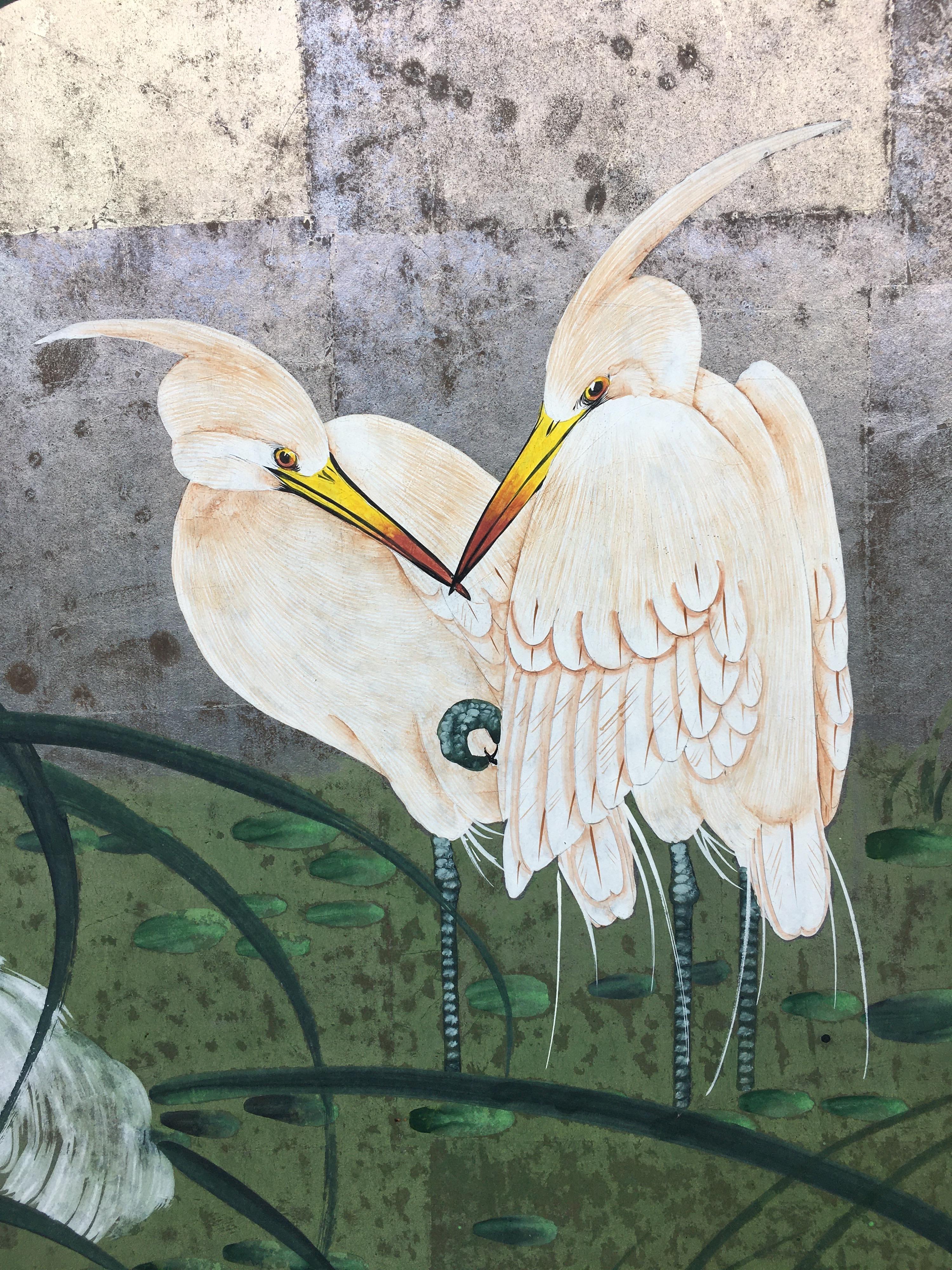 Hollywood Regency Chinoiserie Folding Screen Wall Art Heron Birds Silver Leaf 3