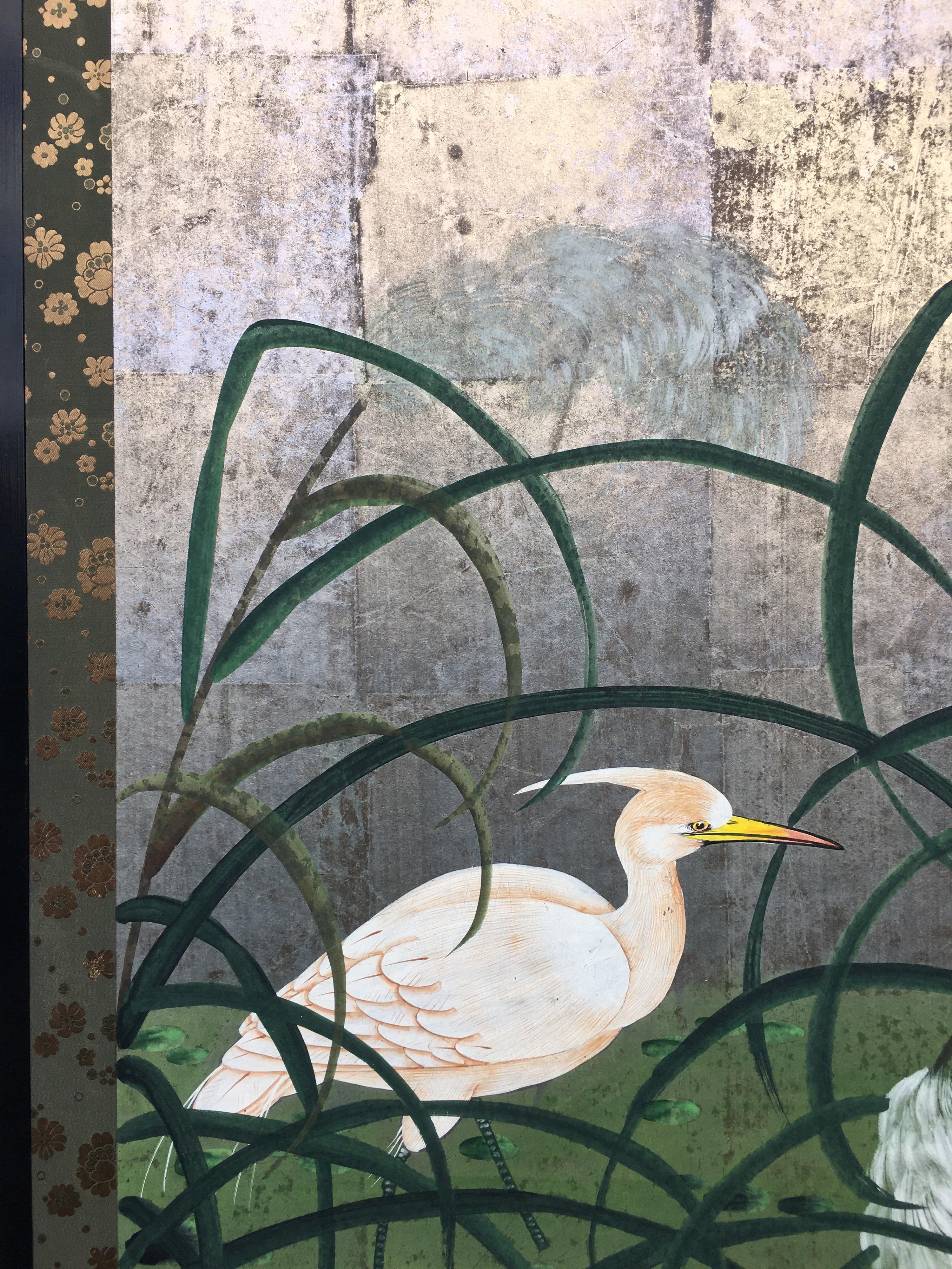 Hollywood Regency Chinoiserie Folding Screen Wall Art Heron Birds Silver Leaf 4