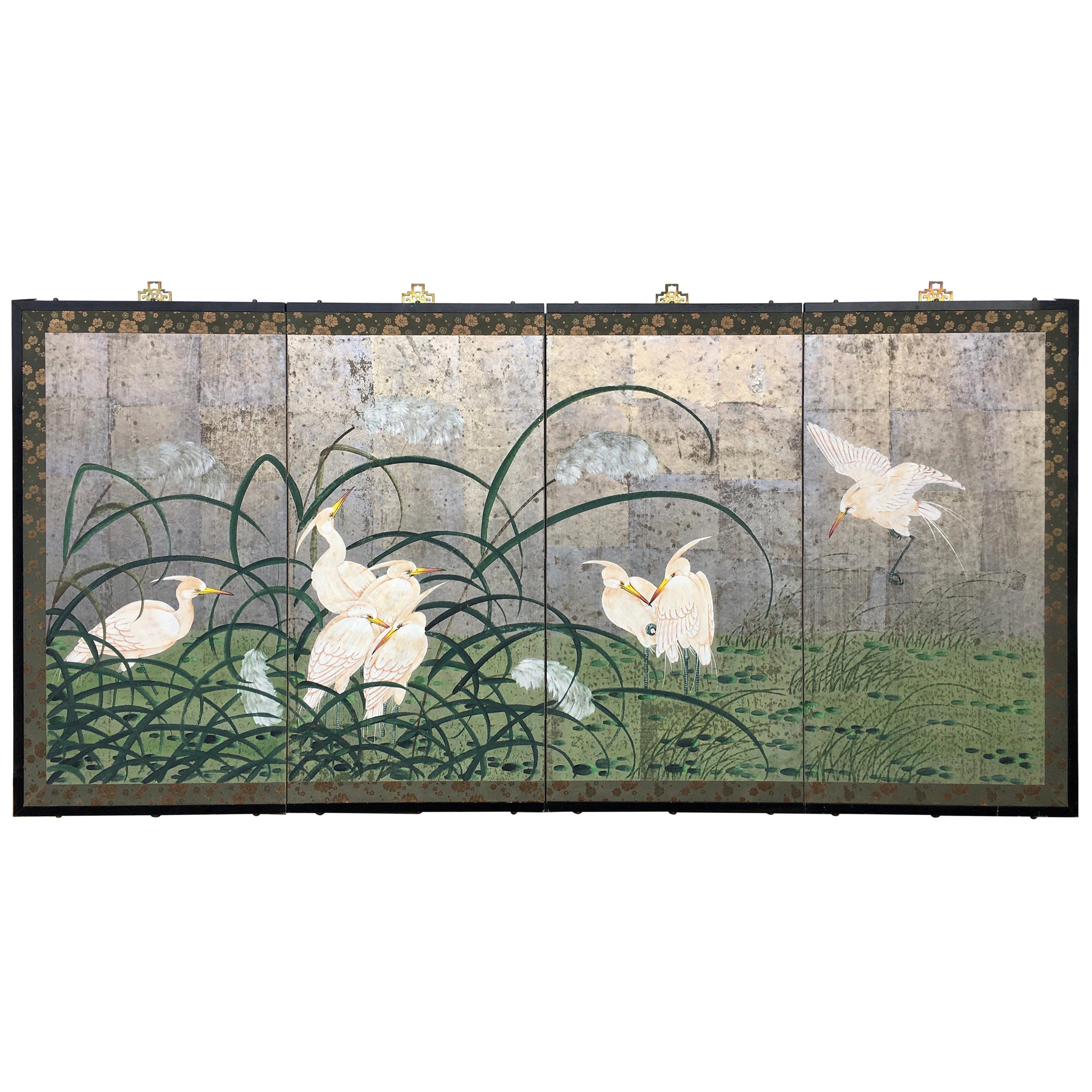 Hollywood Regency Chinoiserie Folding Screen Wall Art Heron Birds Silver Leaf