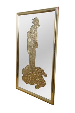 Hollywood Regency Chinoiserie Gold Embossed Geisha Wall Vanity Mirror MCM 27"