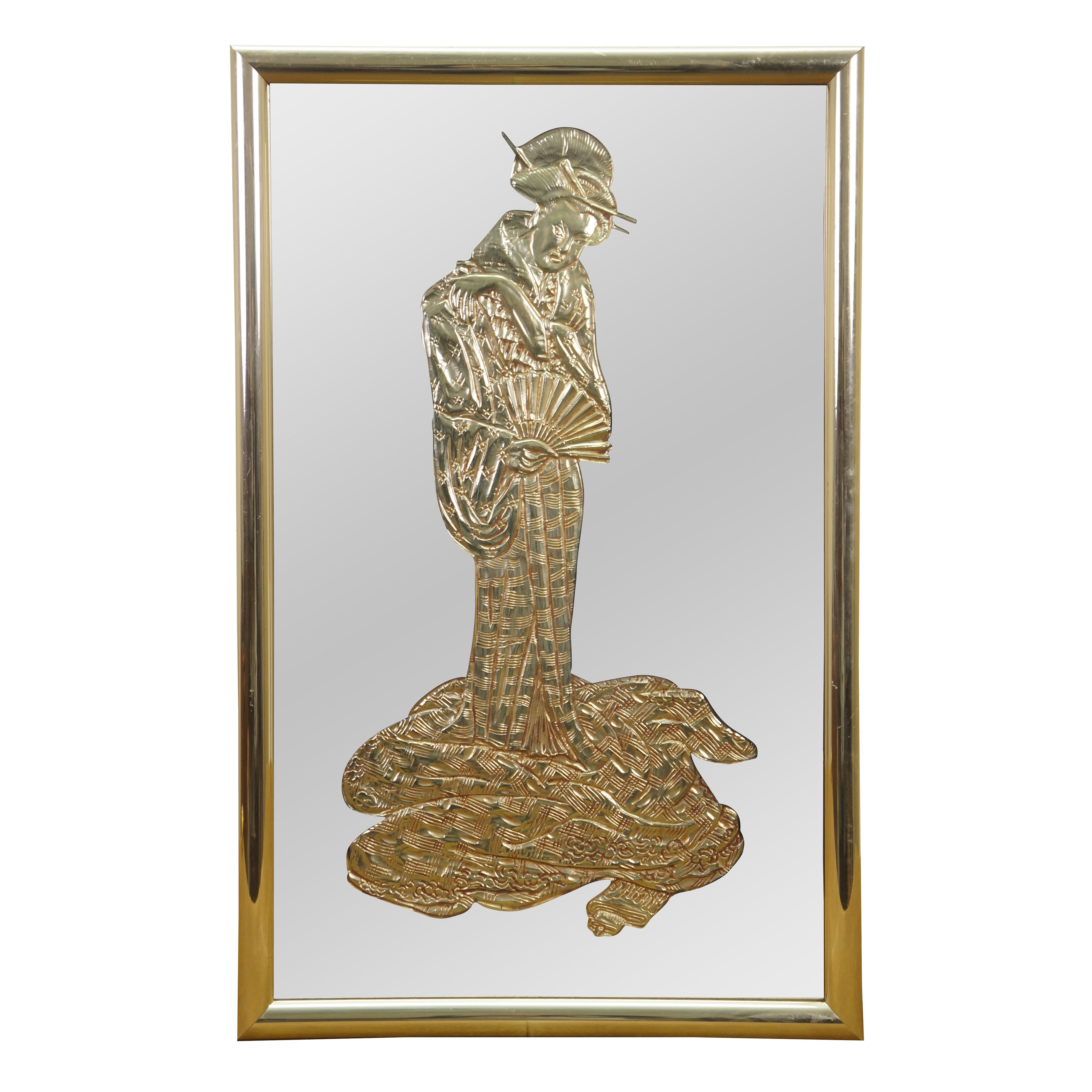 Hollywood Regency Chinoiserie Gold Embossed Geisha Wall Vanity Mirror MCM 27" For Sale