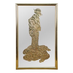 Hollywood Regency Chinoiserie Gold Embossed Geisha Wall Vanity Mirror MCM 27"