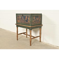 Hollywood Regency Chinoiserie Green Lacquered and Gold Gilt Chest on Stand