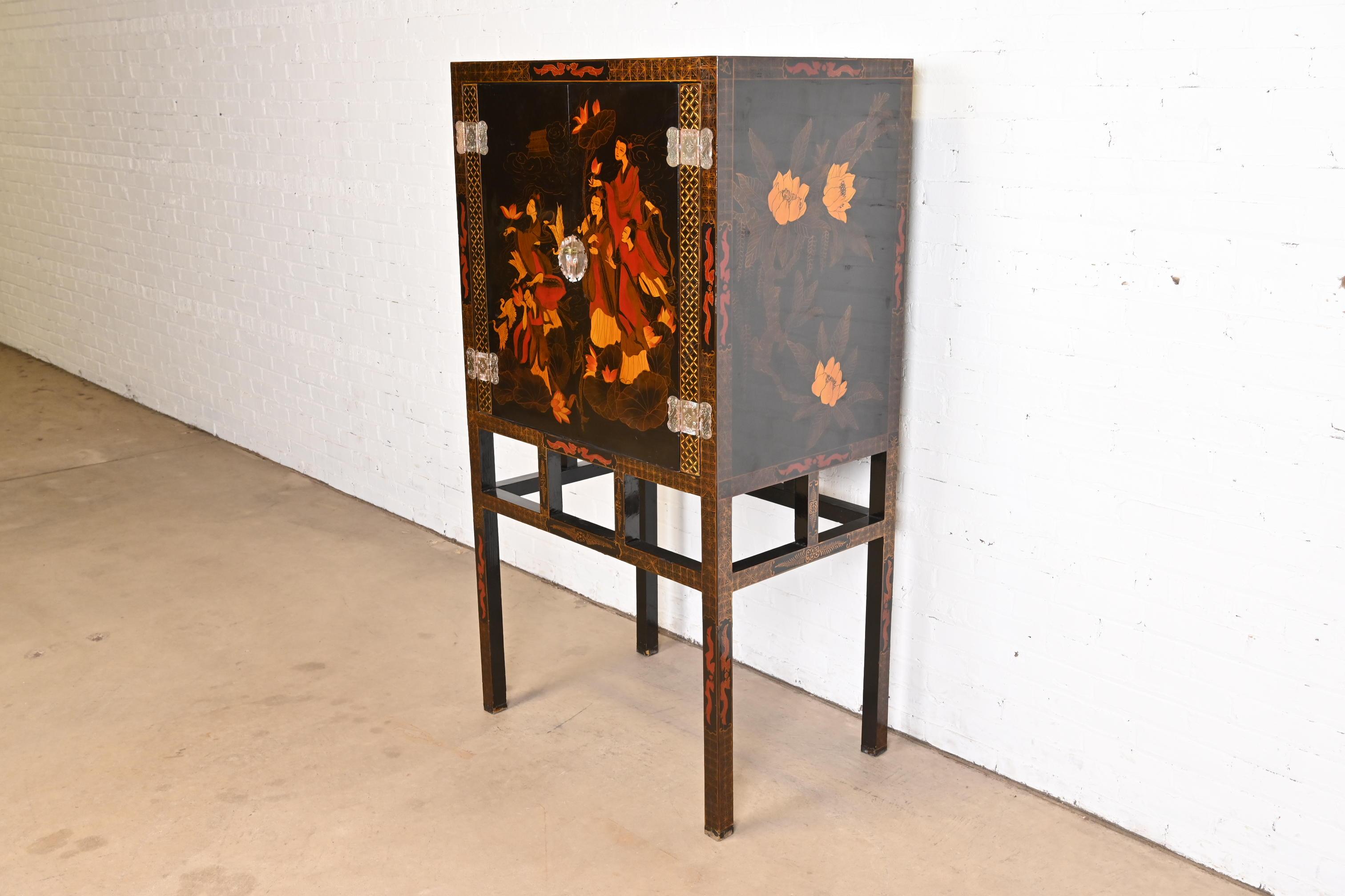 20th Century Hollywood Regency Chinoiserie Hand Painted Black Lacquered Bar Cabinet